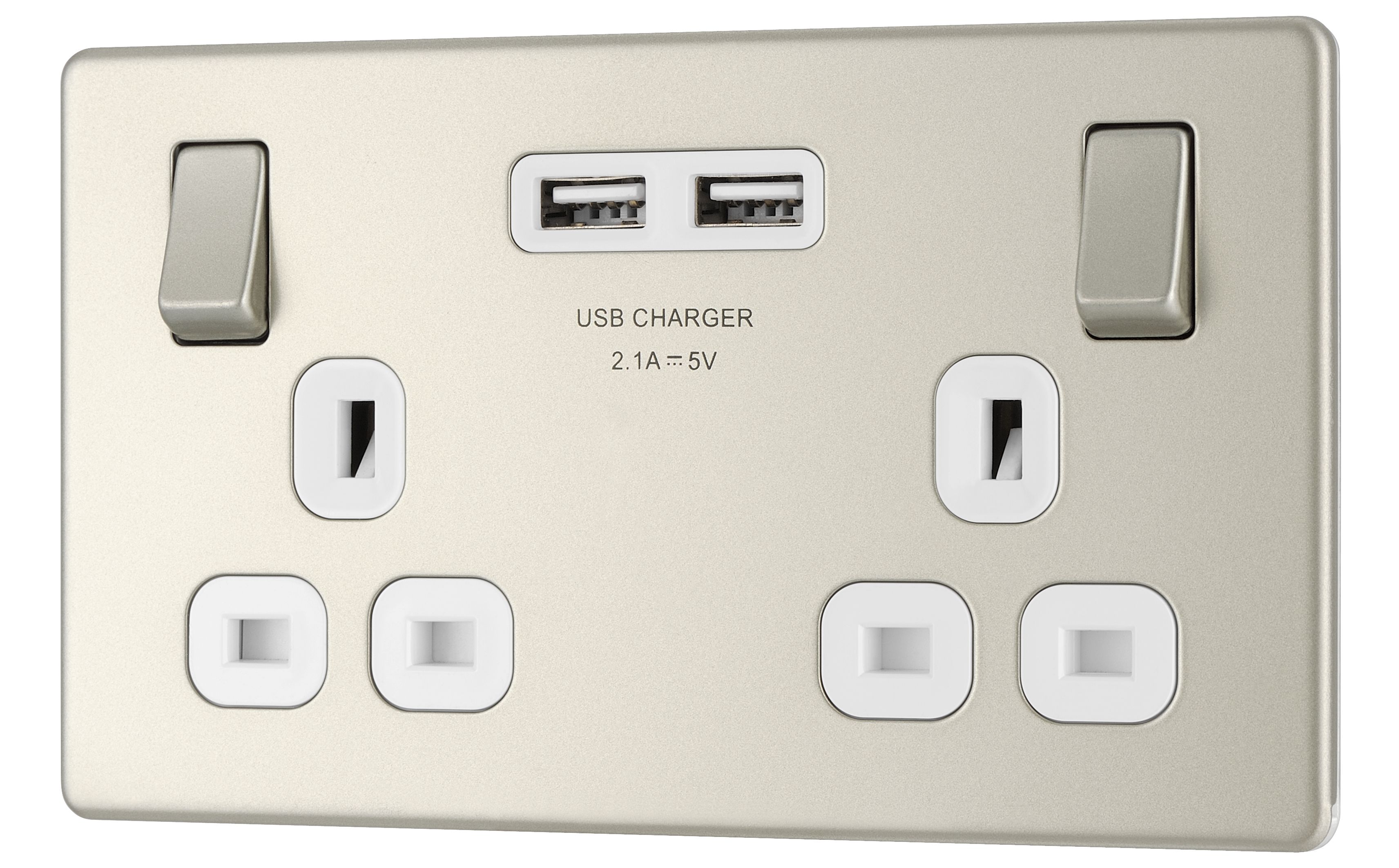Colours Nickel effect Double USB socket, 2 x 2.1A USB