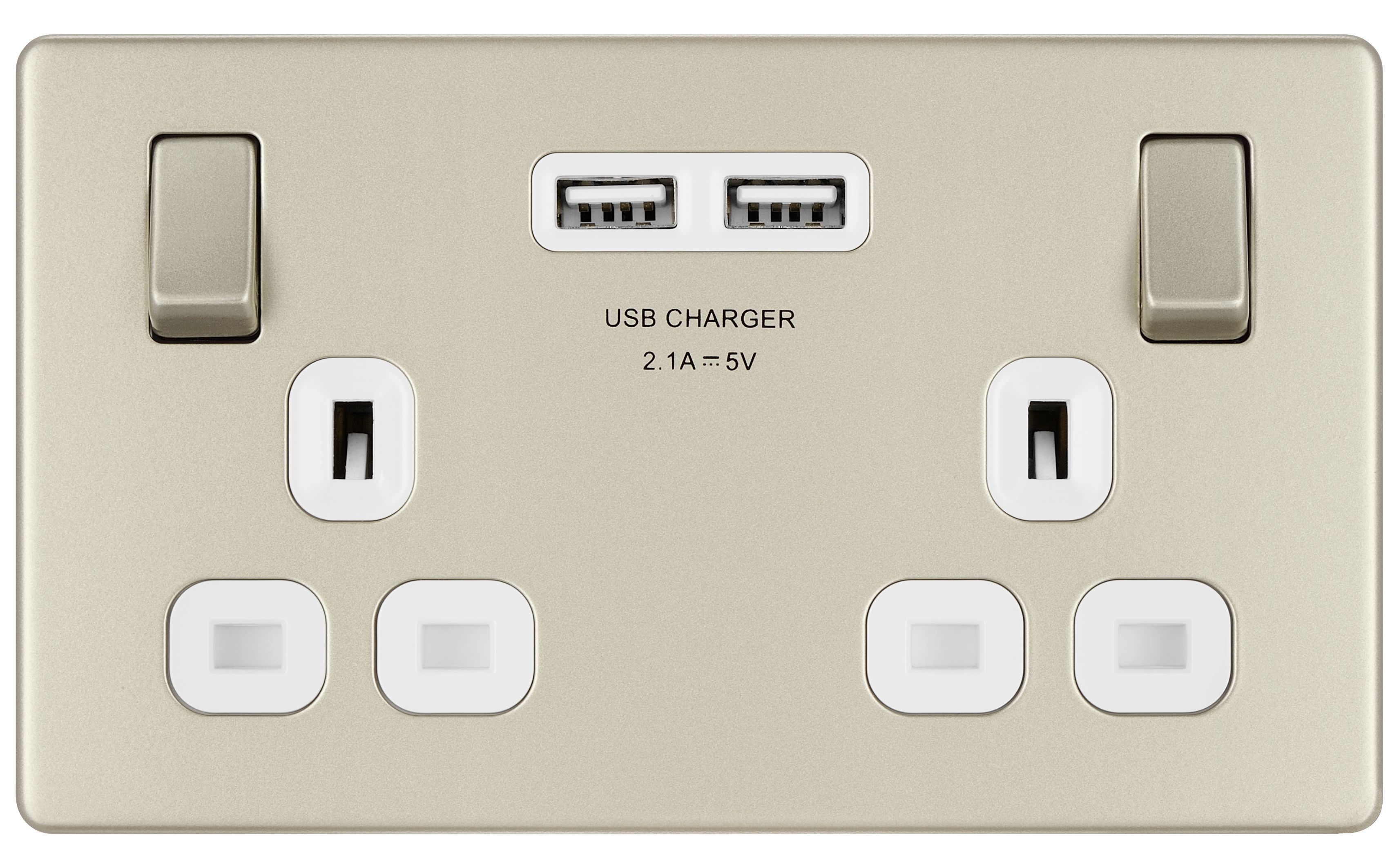 Colours Nickel effect Double USB socket, 2 x 2.1A USB