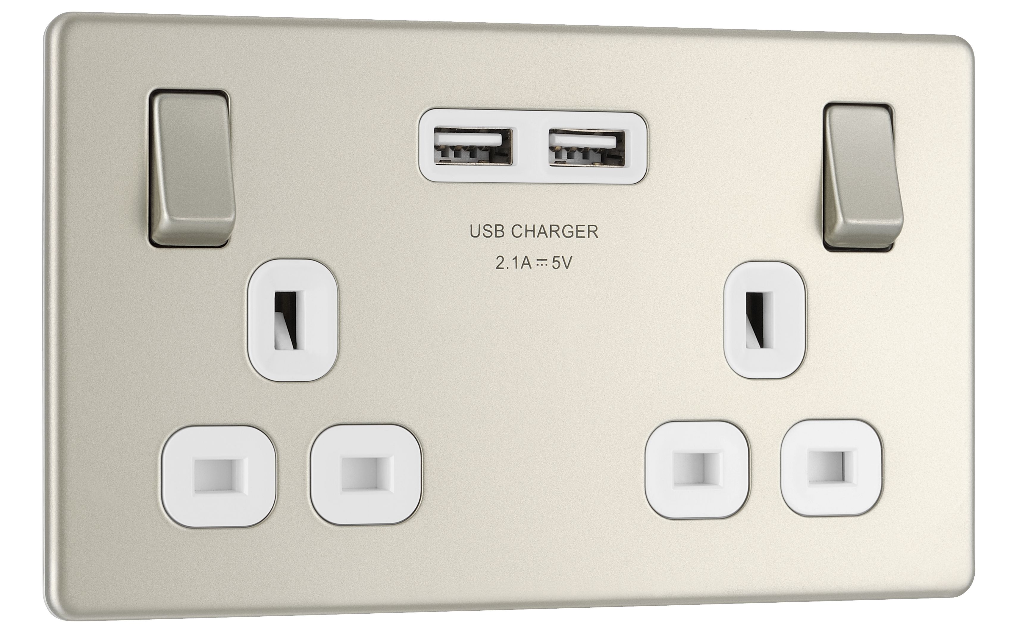 Colours Nickel effect Double USB socket, 2 x 2.1A USB