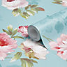 Colours Nina Duck egg & pink Floral Mica effect Smooth Wallpaper