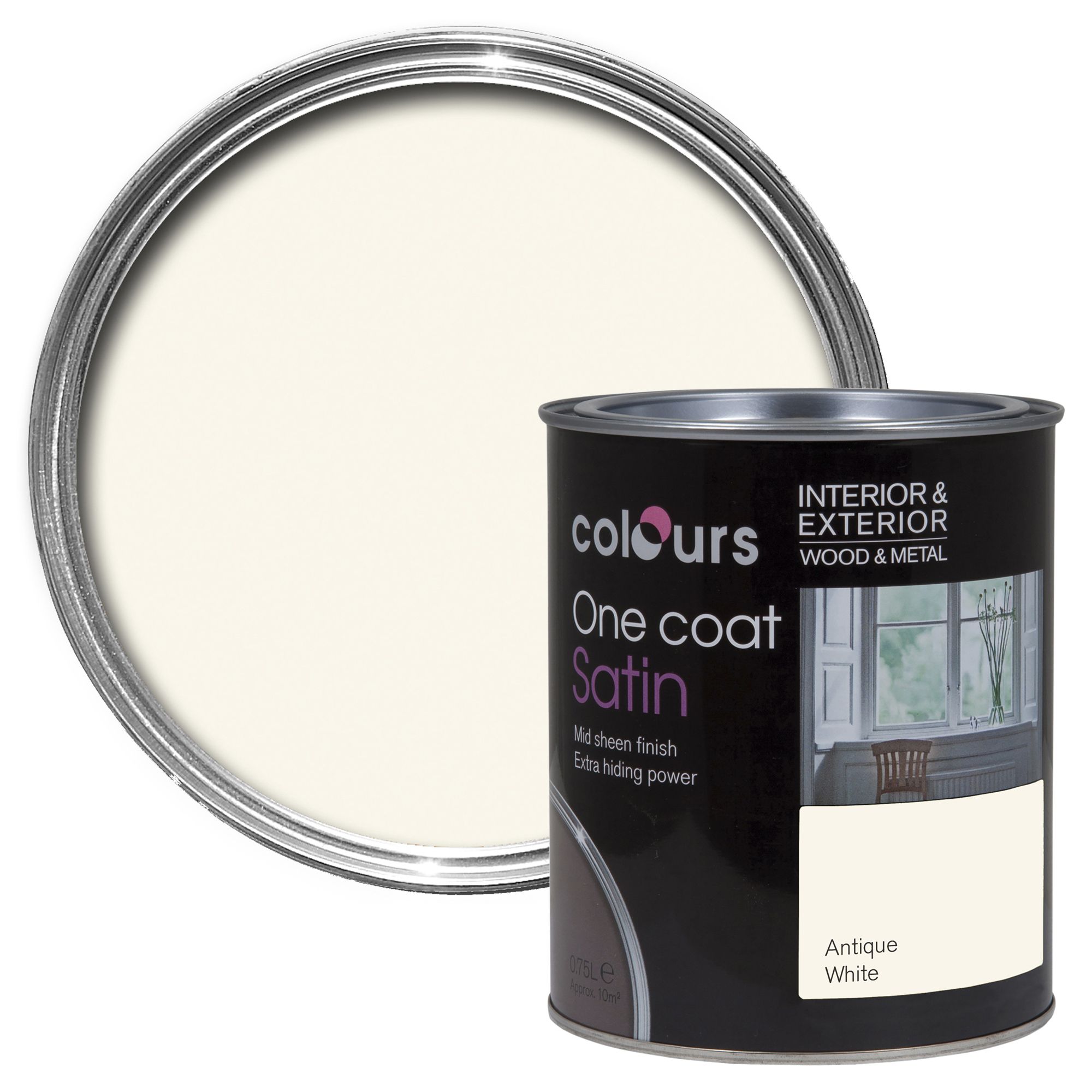 Colours One coat Antique white Satin Metal wood paint 0.75L