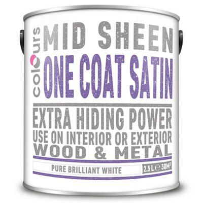 Colours One coat Pure brilliant white Satin Metal & wood paint, 2.5L