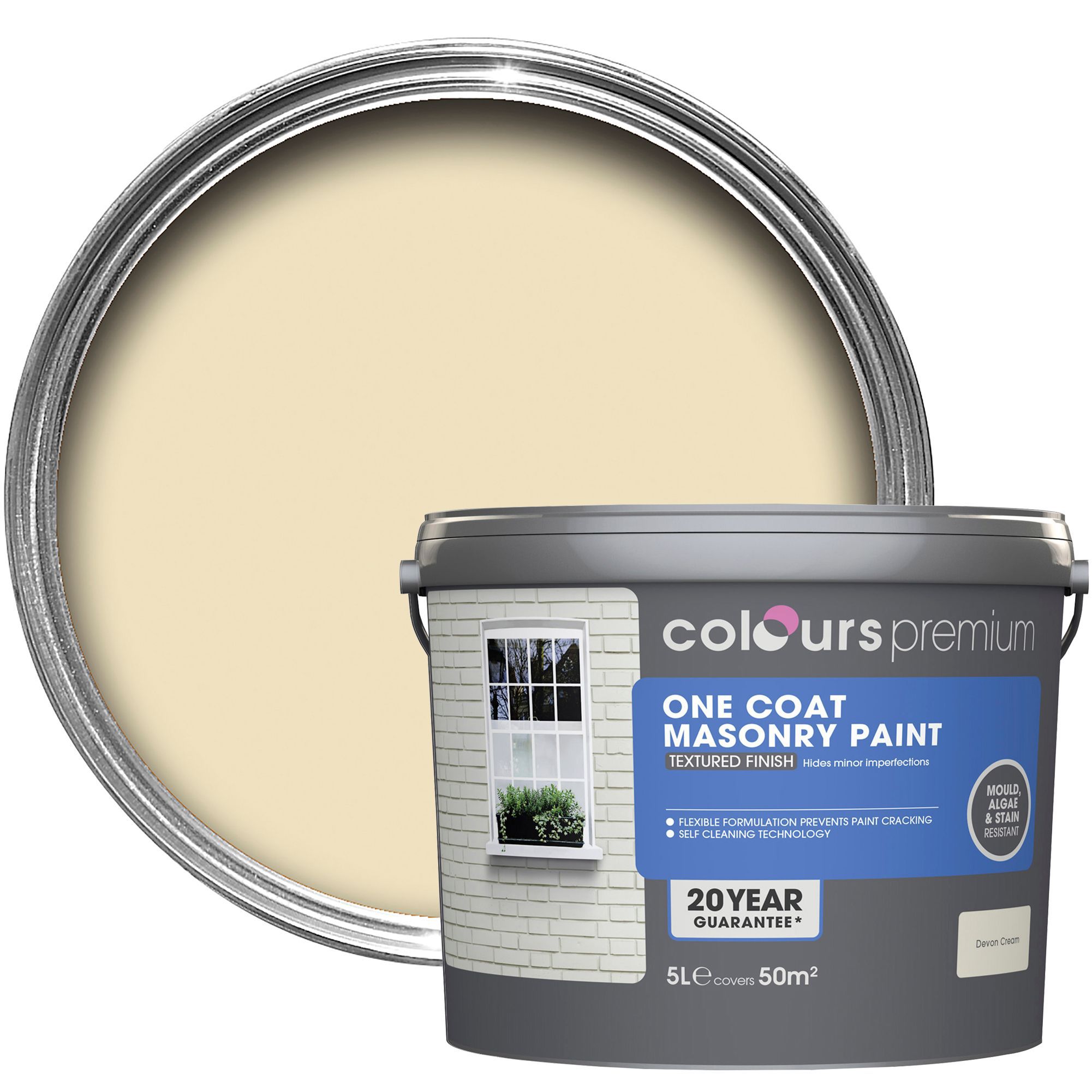 Colours Premium Devon cream Textured Masonry paint 5L DIY at B&Q