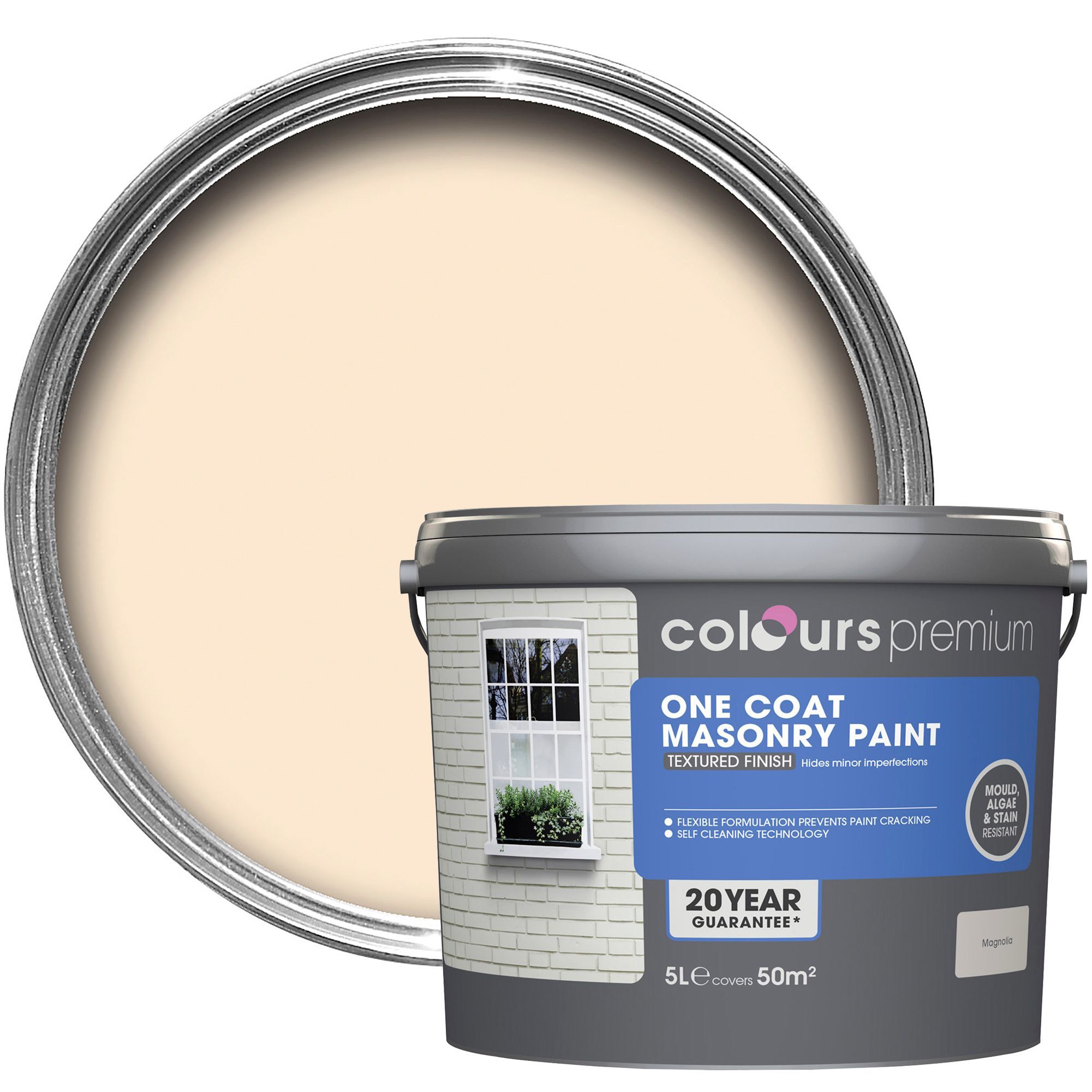 Colours Premium Magnolia Textured Masonry paint 5L DIY at B&Q