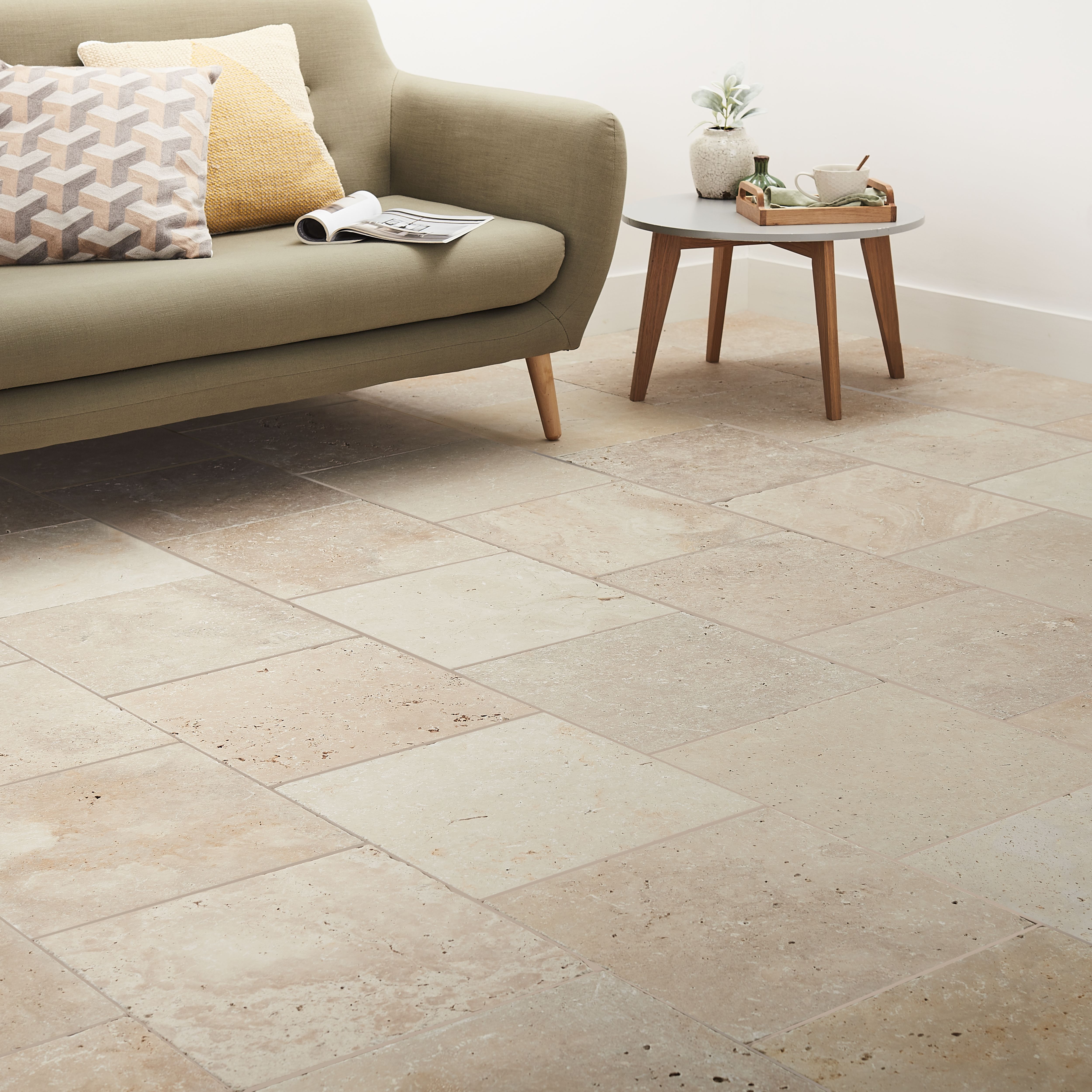 Colours Real tumbled travertine Cream Matt Travertine effect Natural stone Indoor Wall & floor Tile