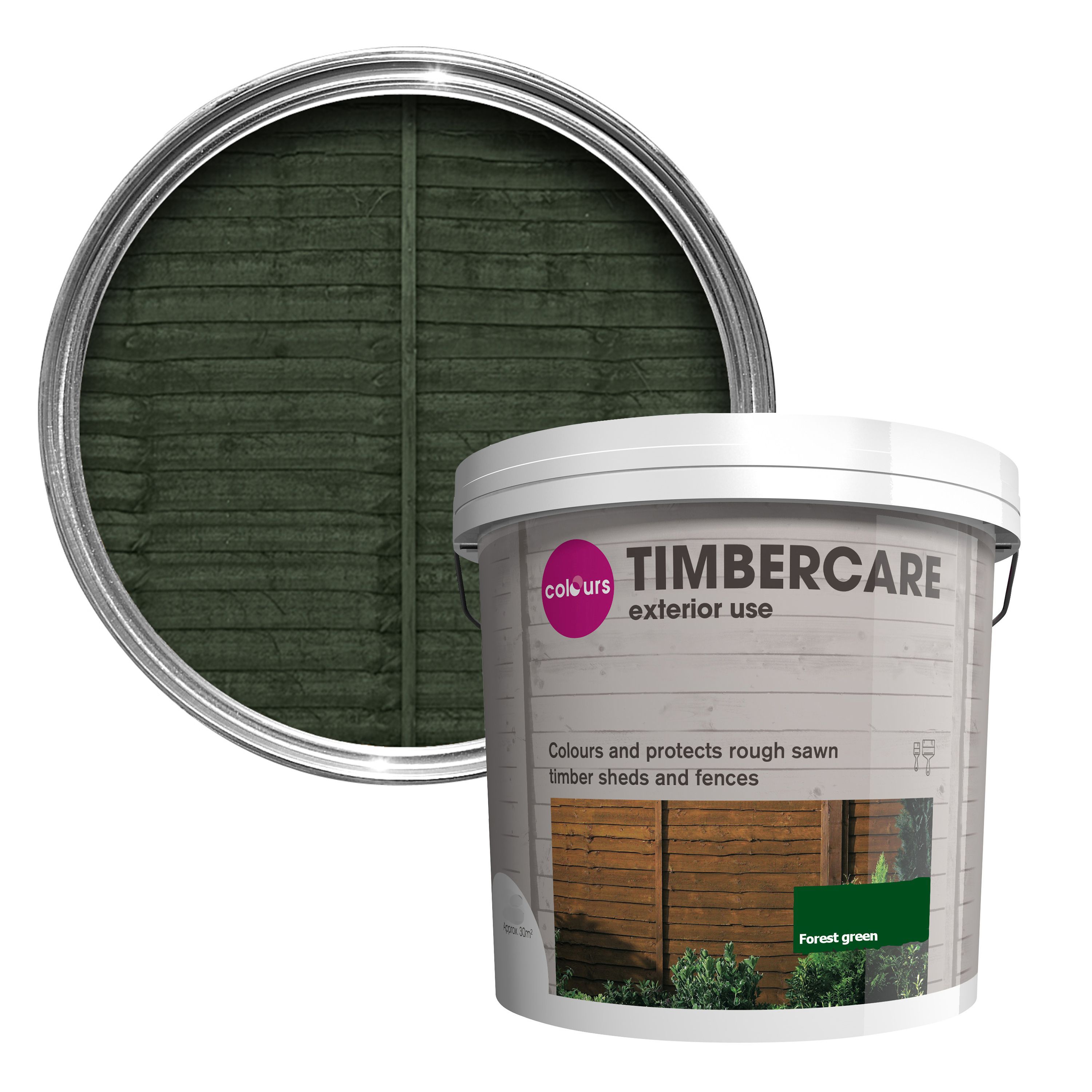 Colours Timbercare Forest green Fence & shed Wood stain, 9L DIY at B&Q