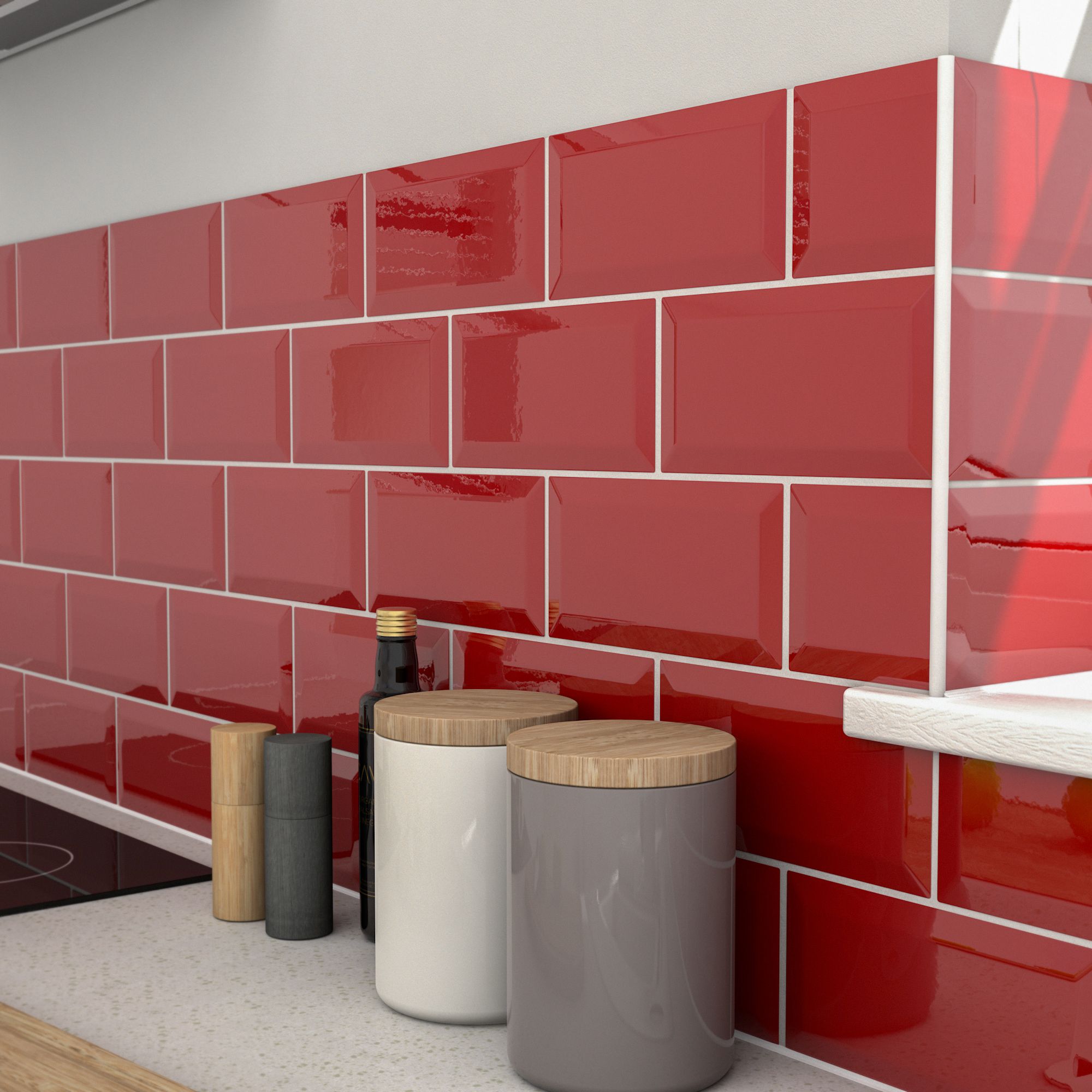 Colours Trentie Red Gloss Metro Ceramic Indoor Wall Tile, Pack of 40, (L)200mm (W)100mm