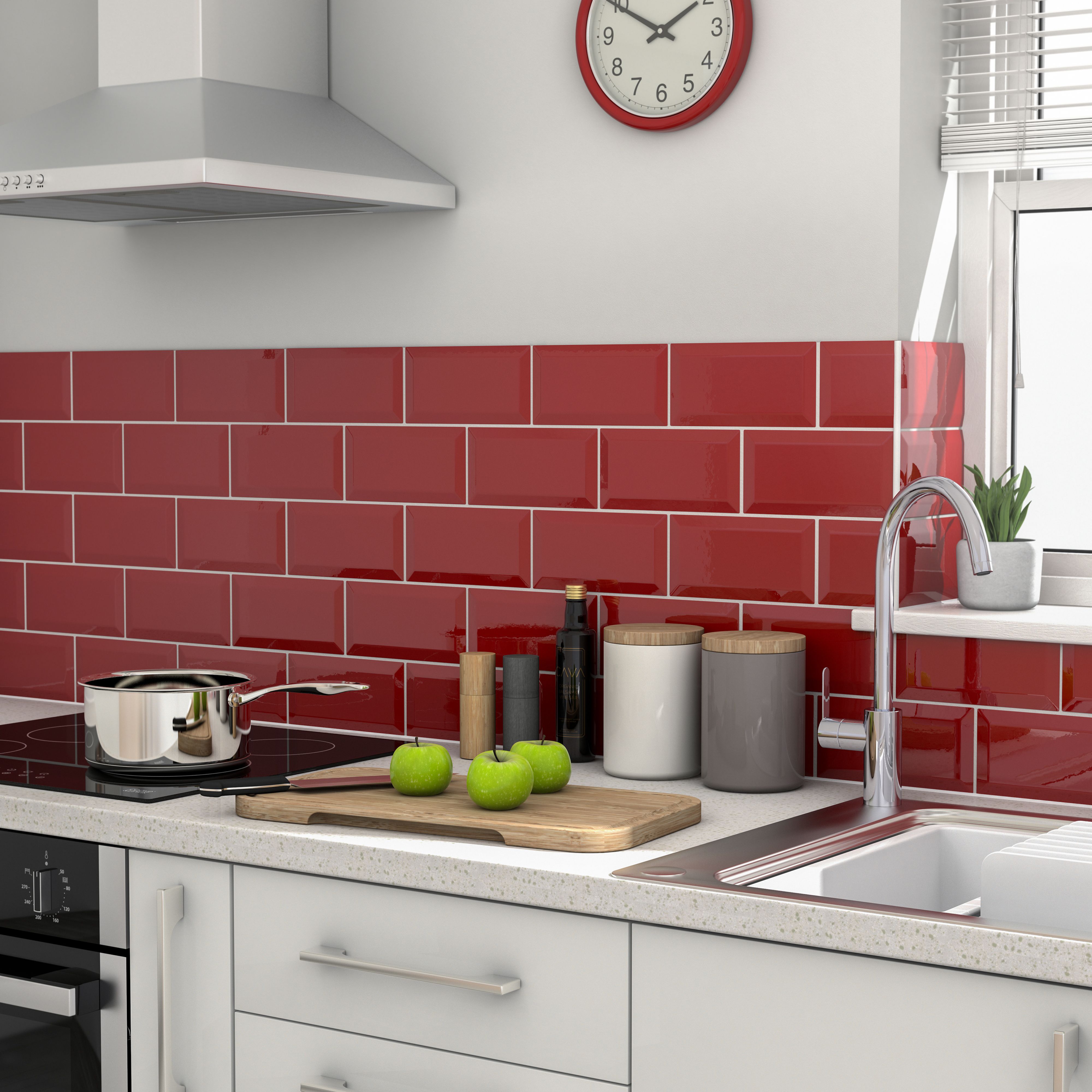 Colours Trentie Red Gloss Metro Ceramic Indoor Wall Tile, Pack of 40, (L)200mm (W)100mm