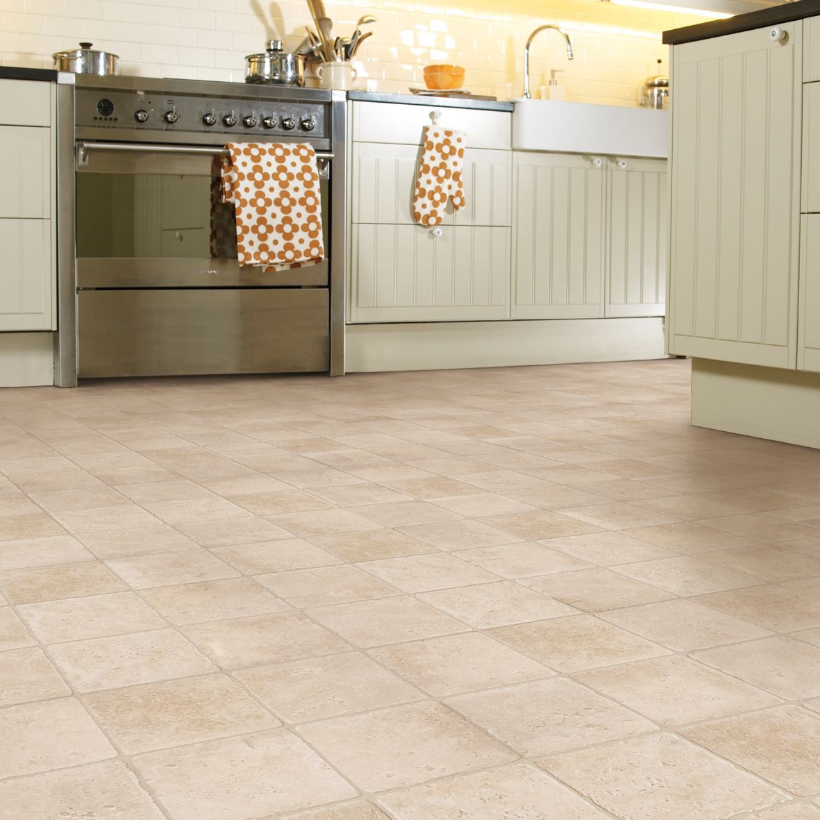 Colours Valiha Beige Tile Effect Vinyl Flooring, 6m² | DIY At B&Q