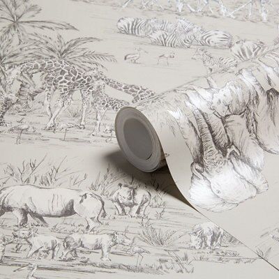 Colours Watering hole Taupe Metallic effect Animal safari Smooth Wallpaper