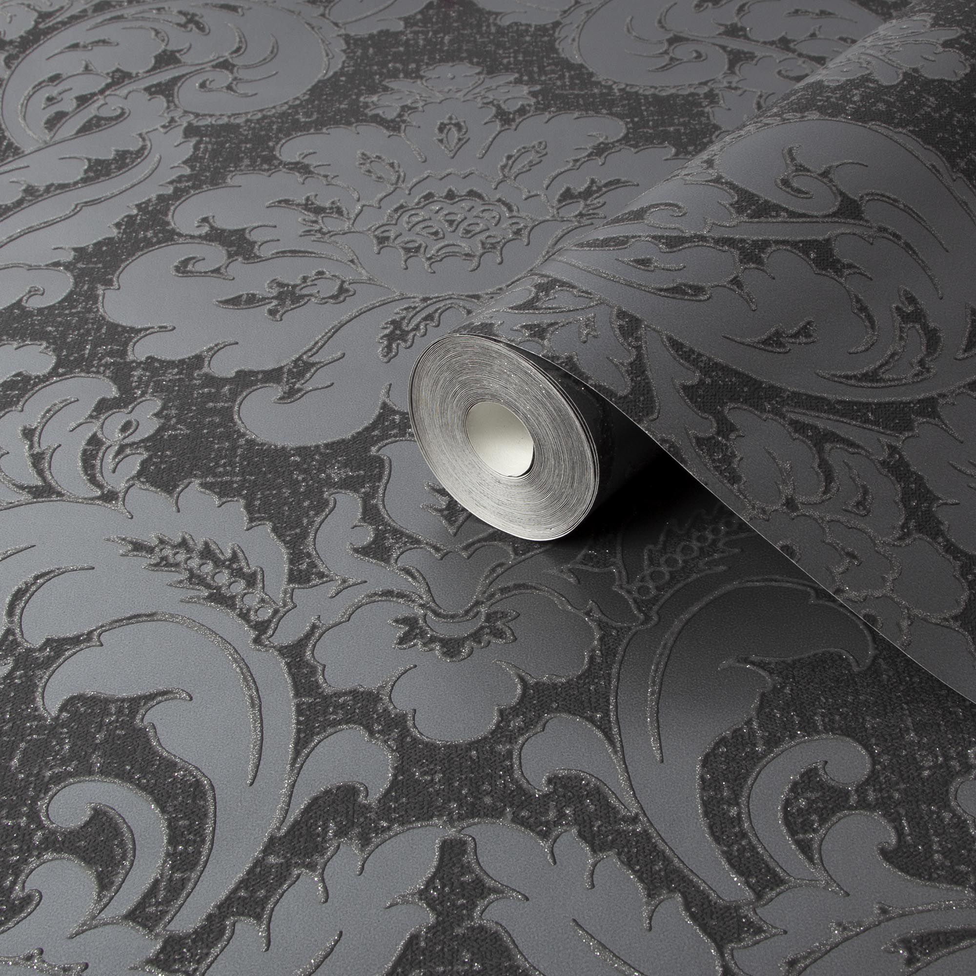 Colours Zara Charcoal Damask Glitter effect Embossed Wallpaper Sample