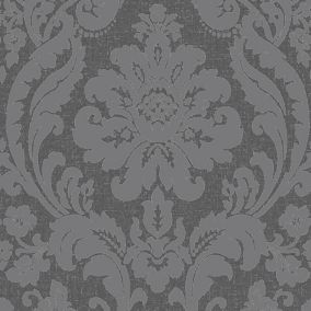 Colours Zara Charcoal Damask Glitter effect Embossed Wallpaper