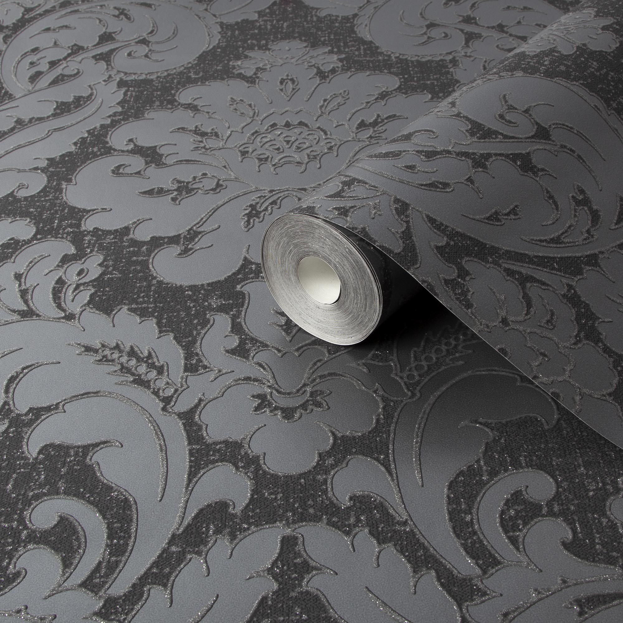 Colours Zara Charcoal Glitter effect Damask Embossed Wallpaper Sample