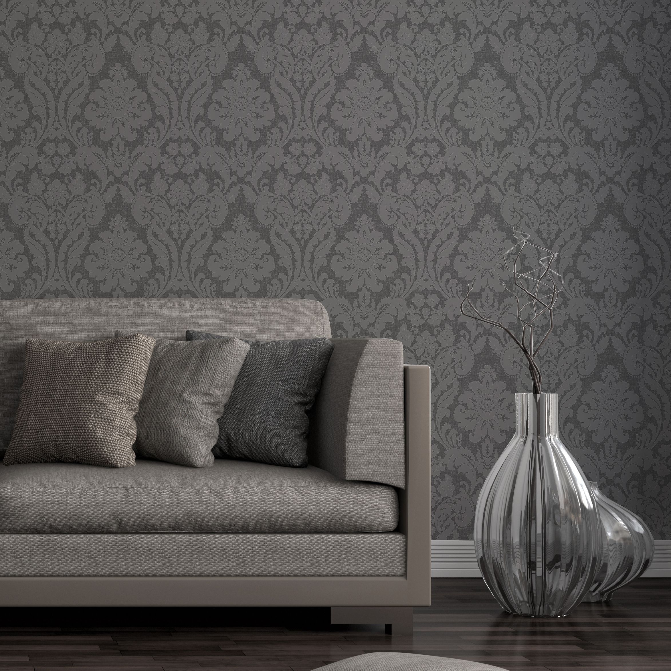 Colours Zara Charcoal Glitter effect Damask Embossed Wallpaper - 3