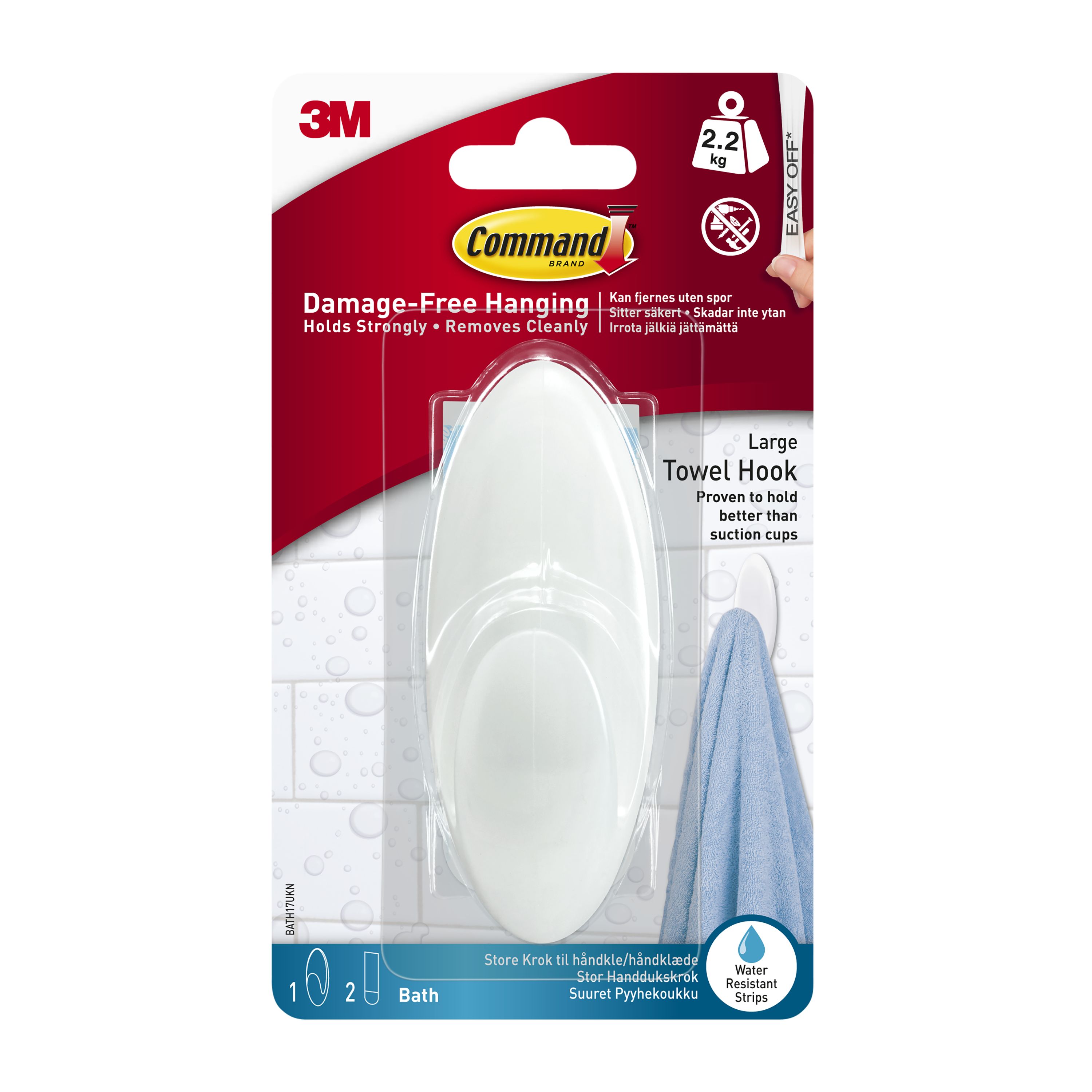 Command Bath Large Clear Towel Hook (Holds)2.2kg
