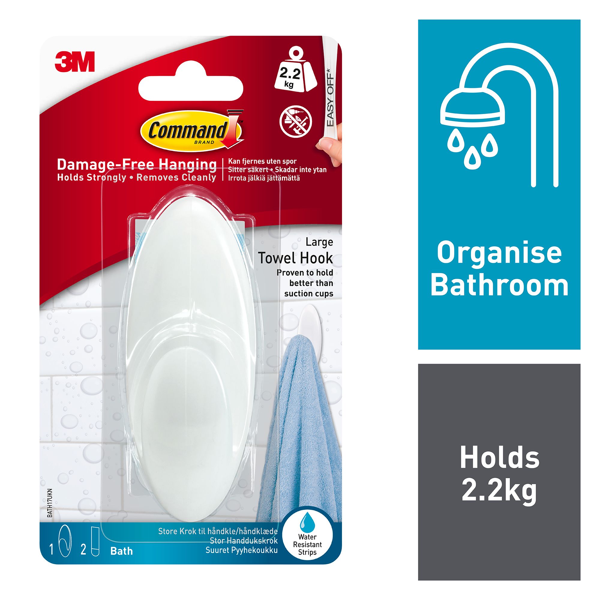 Command Bath Large Clear Towel Hook (Holds)2.2kg