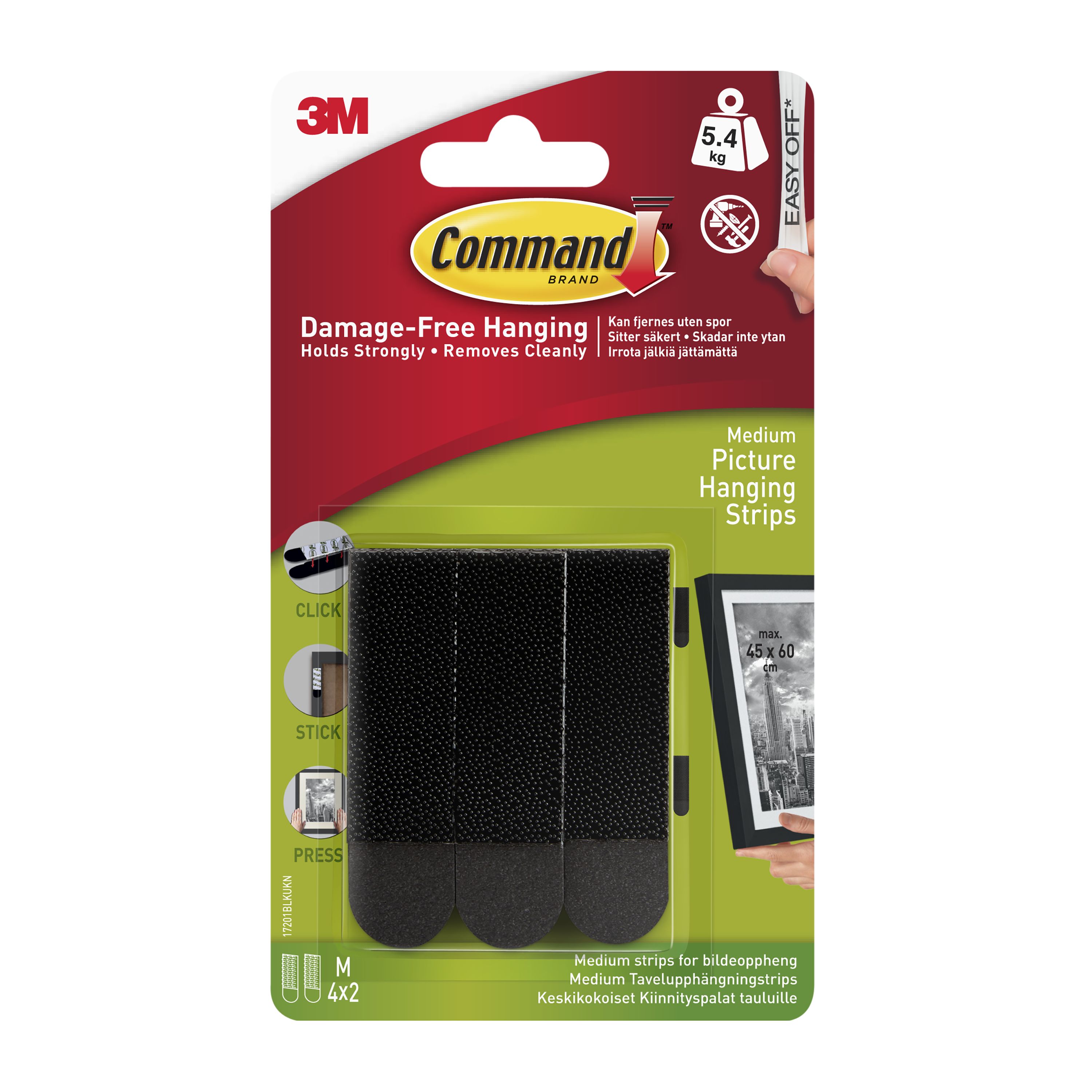 Command Medium Black Picture hanging Adhesive strip (Holds)5.4kg, Pair of 4