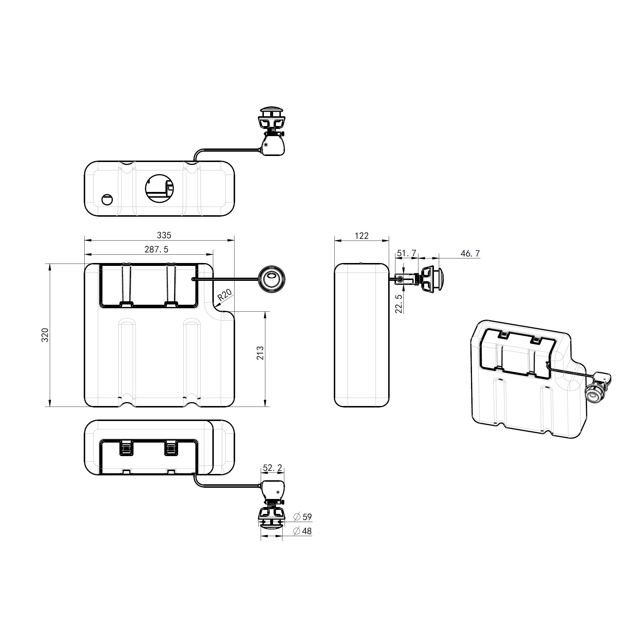 Concealed Bottom inlet Dual Cistern (H)32cm (W)33.5cm (D)12.2cm