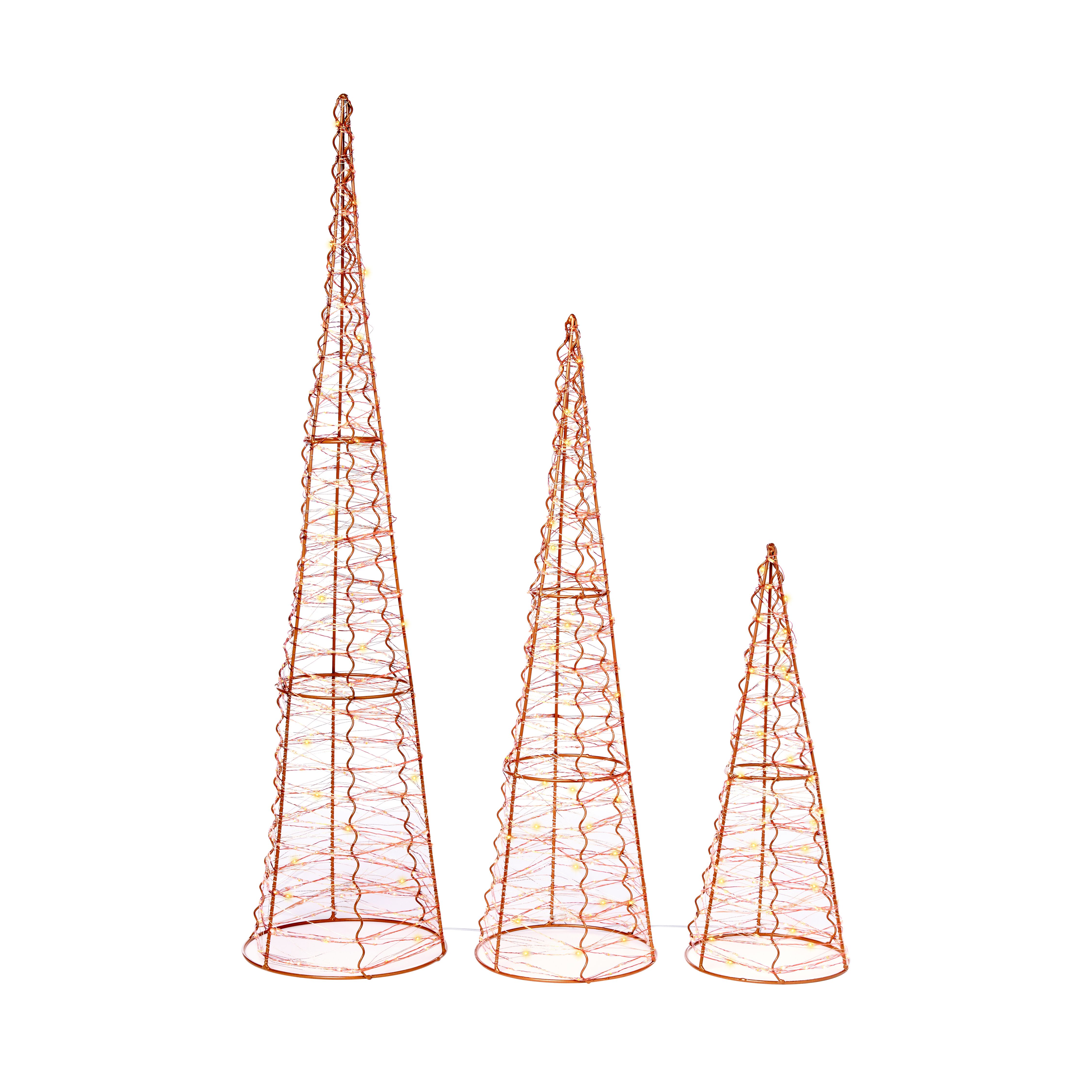 Cones Illuminated Christmas decoration, Set of 3, (H) 800mm - Rose Gold