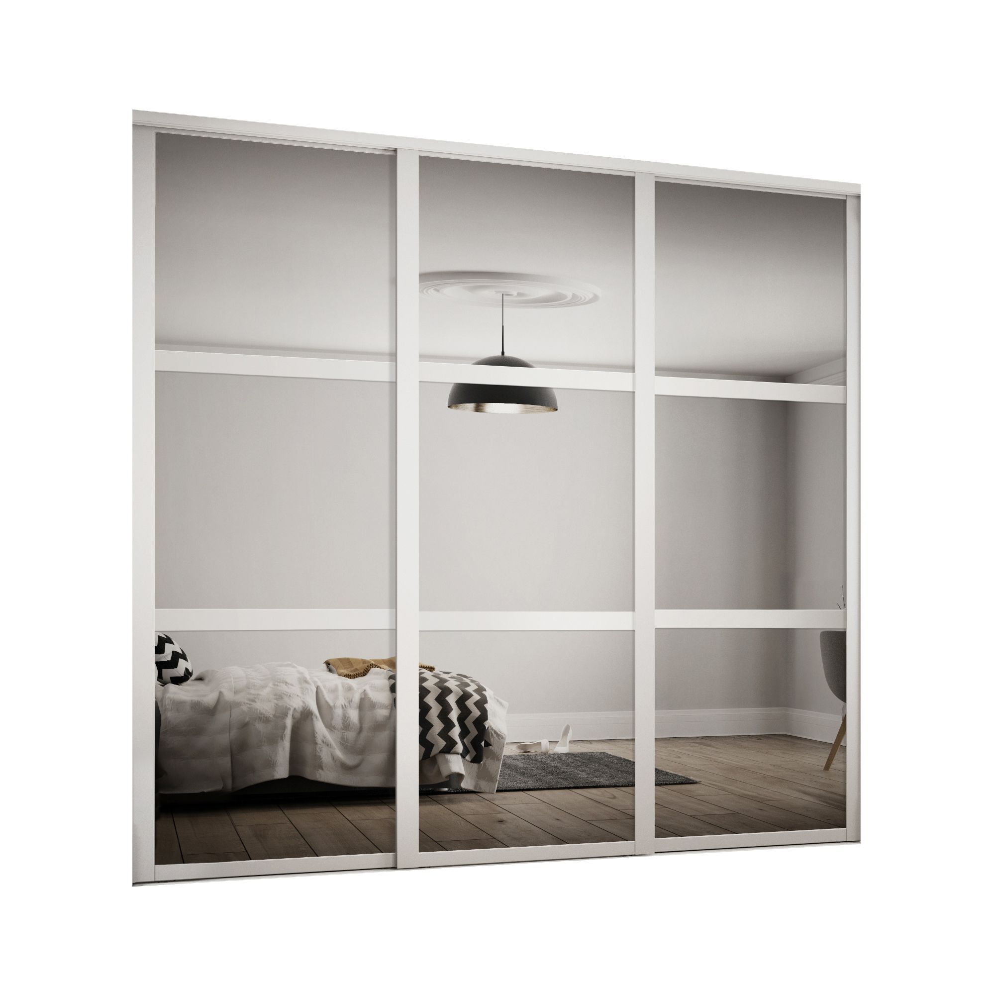 Contemporary Panel Shaker Mirrored Matt white 3 door Sliding Door kit (H)2260mm (W)2592mm