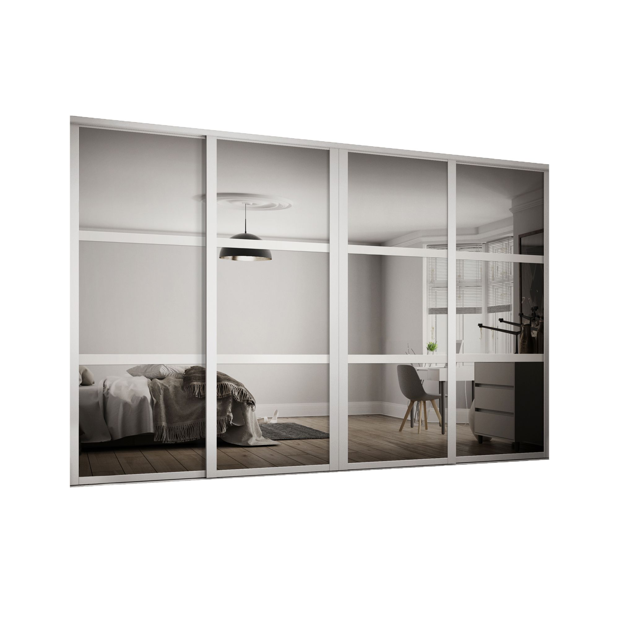 Contemporary Panel Shaker Mirrored Matt white 4 door Sliding Door kit (H)2260mm (W)2290mm