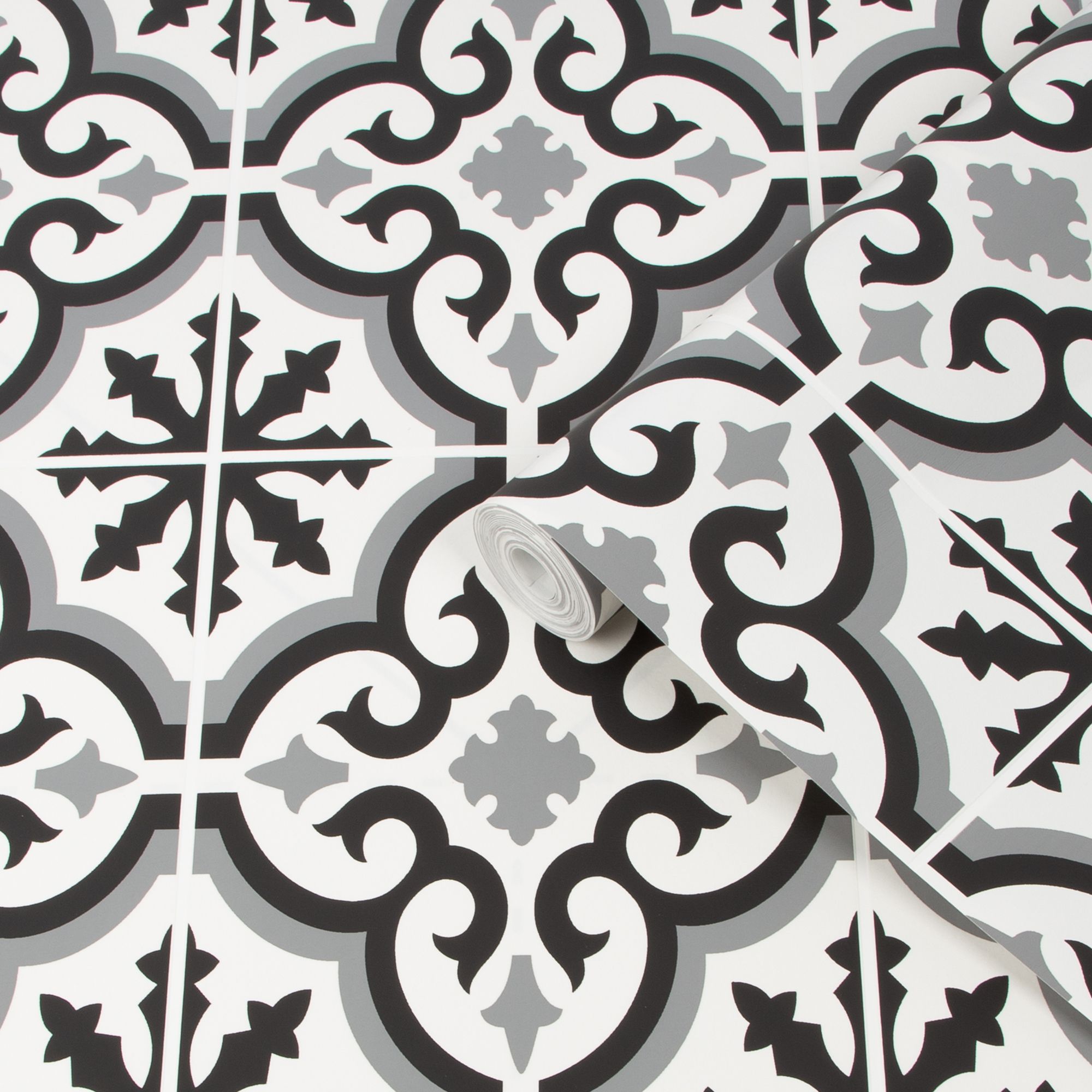 Contour Grecian Black & white Tile effect Textured Wallpaper Sample