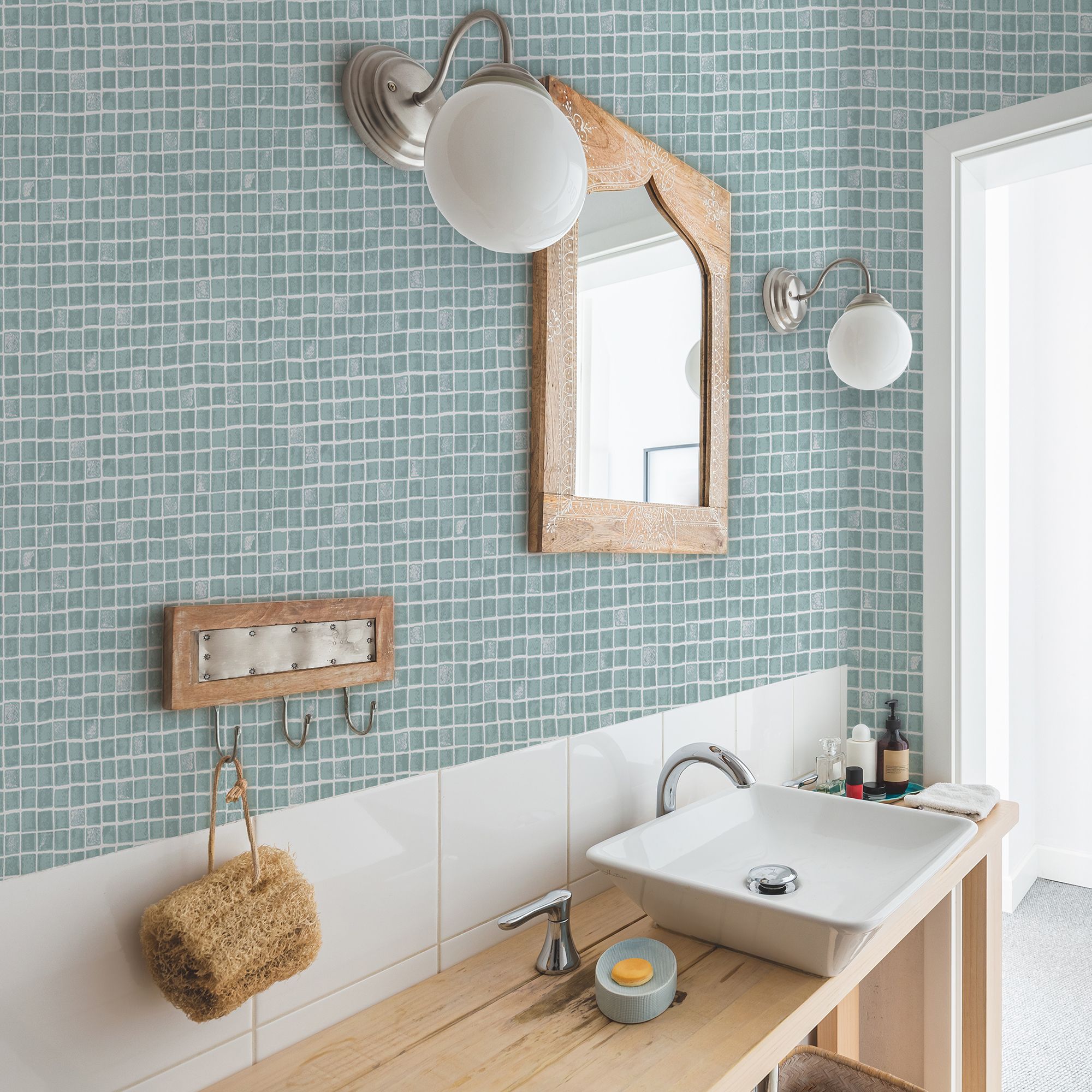 Contour Spectrum Duck egg Tile effect Mosaic Textured Wallpaper Sample