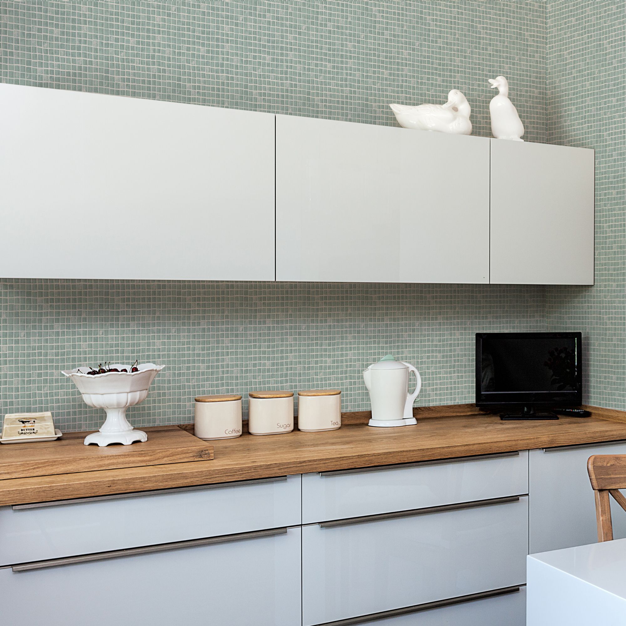 Contour Spectrum Duck egg Tile effect Mosaic Textured Wallpaper Sample