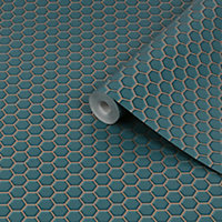 Contour Teal Hexagon lattice Tile effect Textured Wallpaper Sample