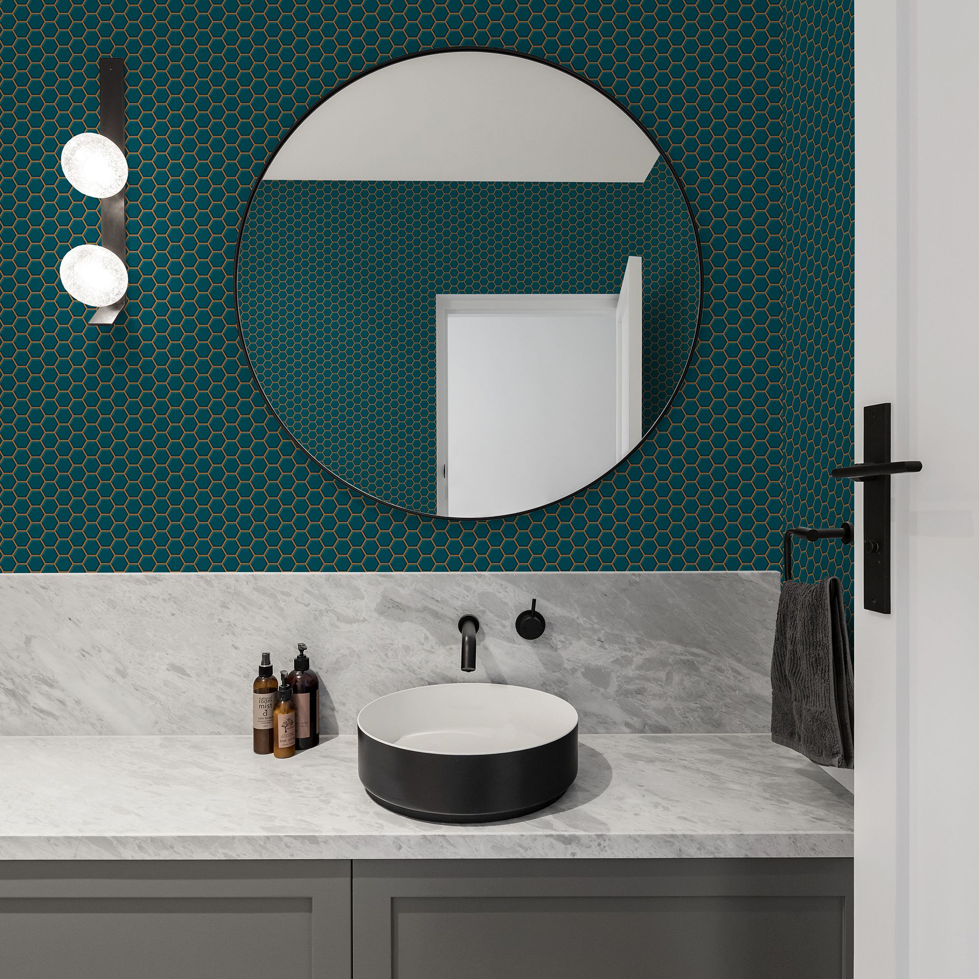 Contour Teal Tile effect Hexagon lattice Textured Wallpaper Sample