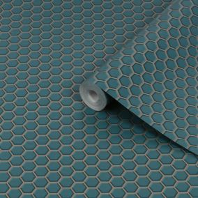 Contour Teal Tile effect Hexagon lattice Textured Wallpaper Sample