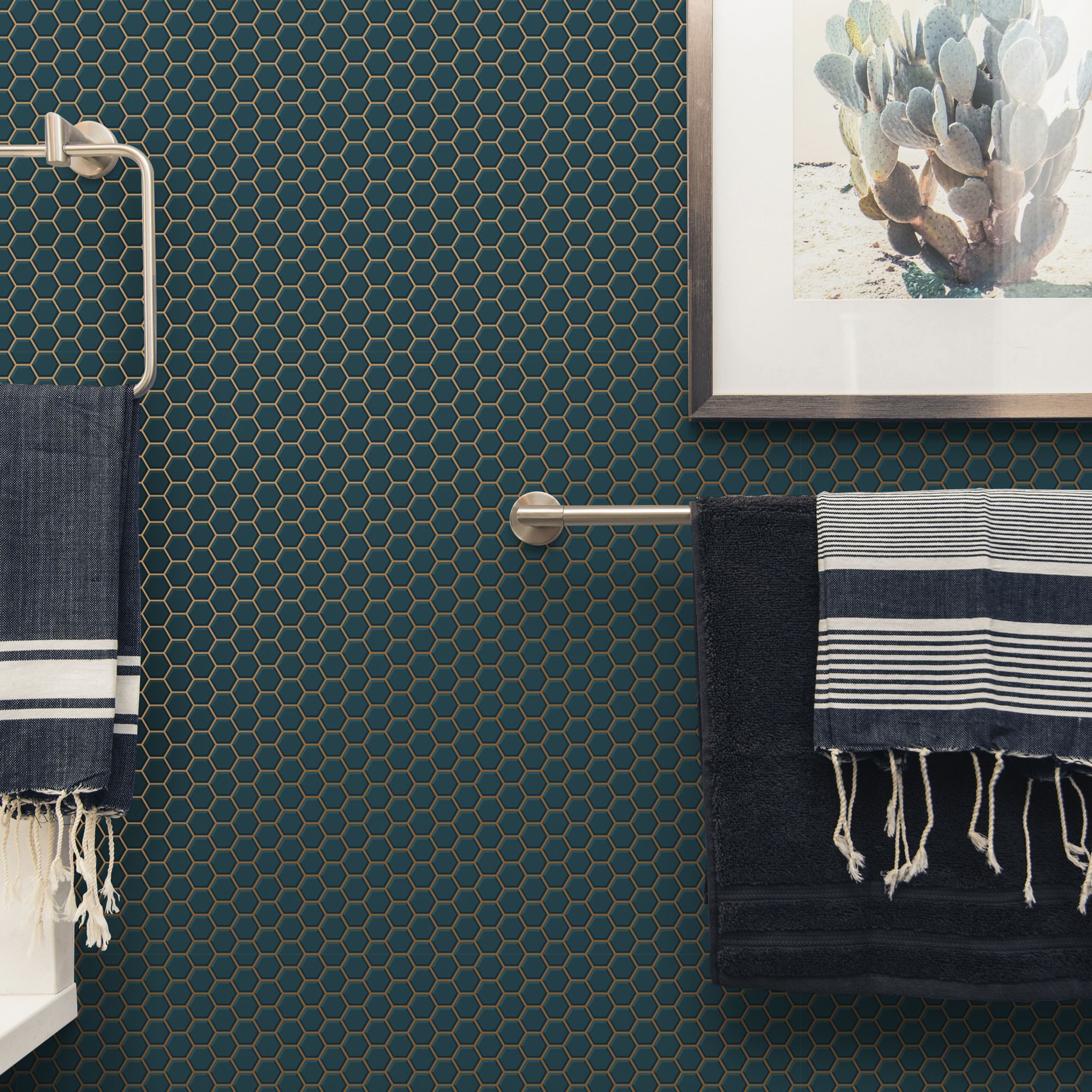 Contour Teal Tile effect Hexagon lattice Textured Wallpaper