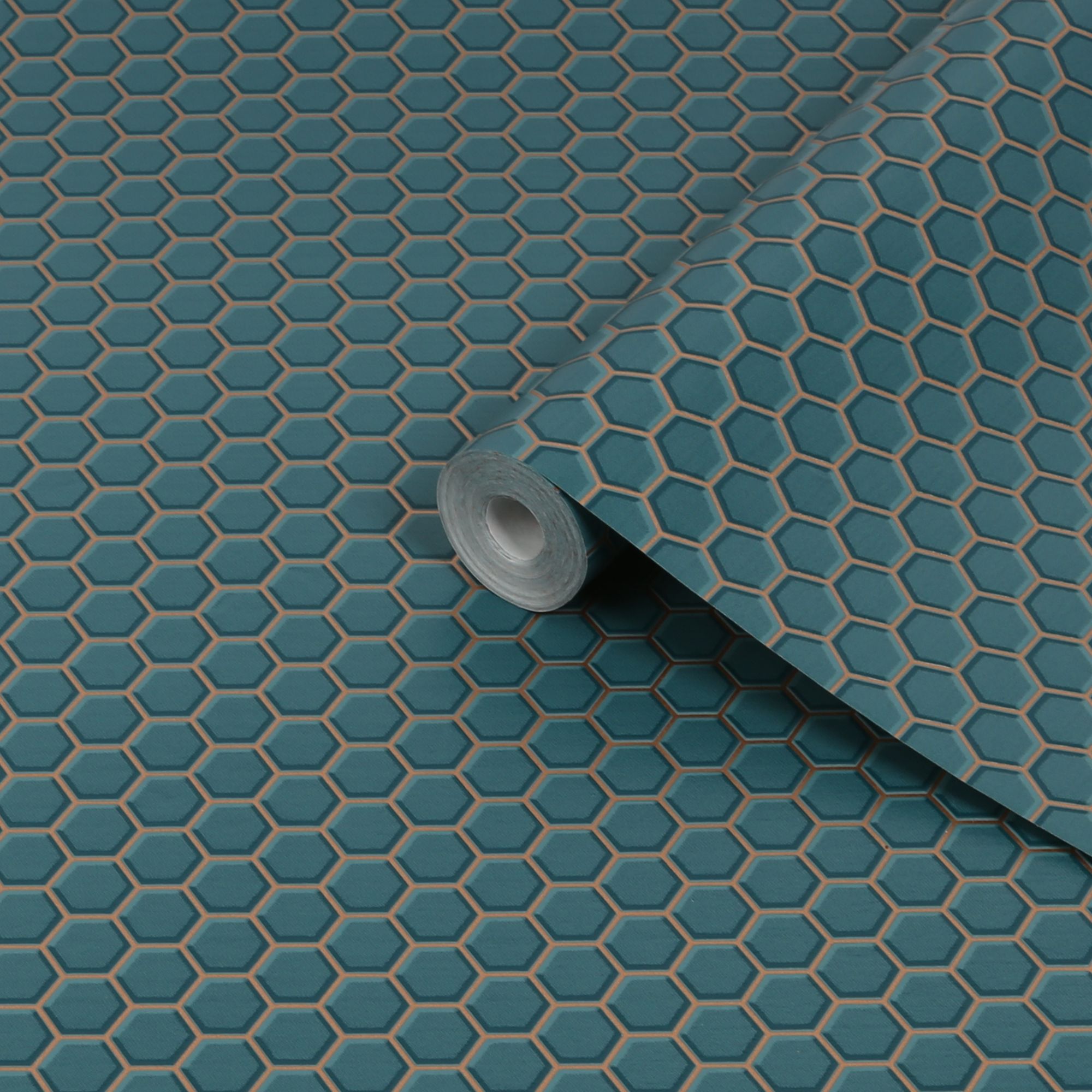Contour Teal Tile effect Hexagon lattice Textured Wallpaper