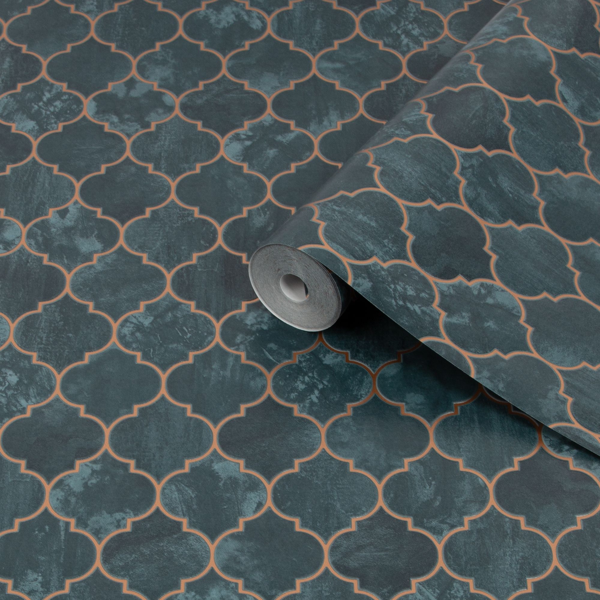 Contour Tegula Teal Copper effect Geometric Textured Wallpaper Sample