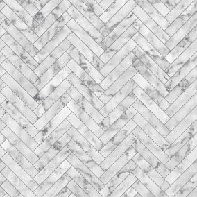 Contour White Tile effect Marble chevron Textured Wallpaper Sample