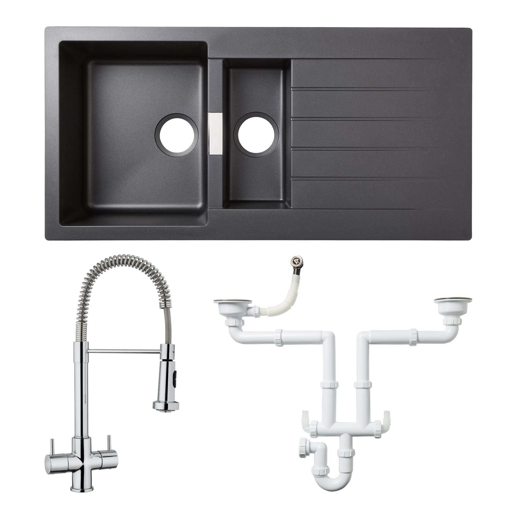 Cooke & Lewis 1.5 bowl Black Composite quartz Sink, spring neck tap