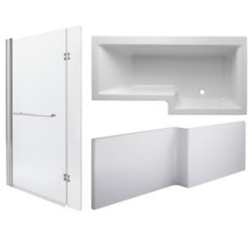 Cooke & Lewis Adelphi White L-shaped Shower Bath, panel, screen & air spa set with 12 jets