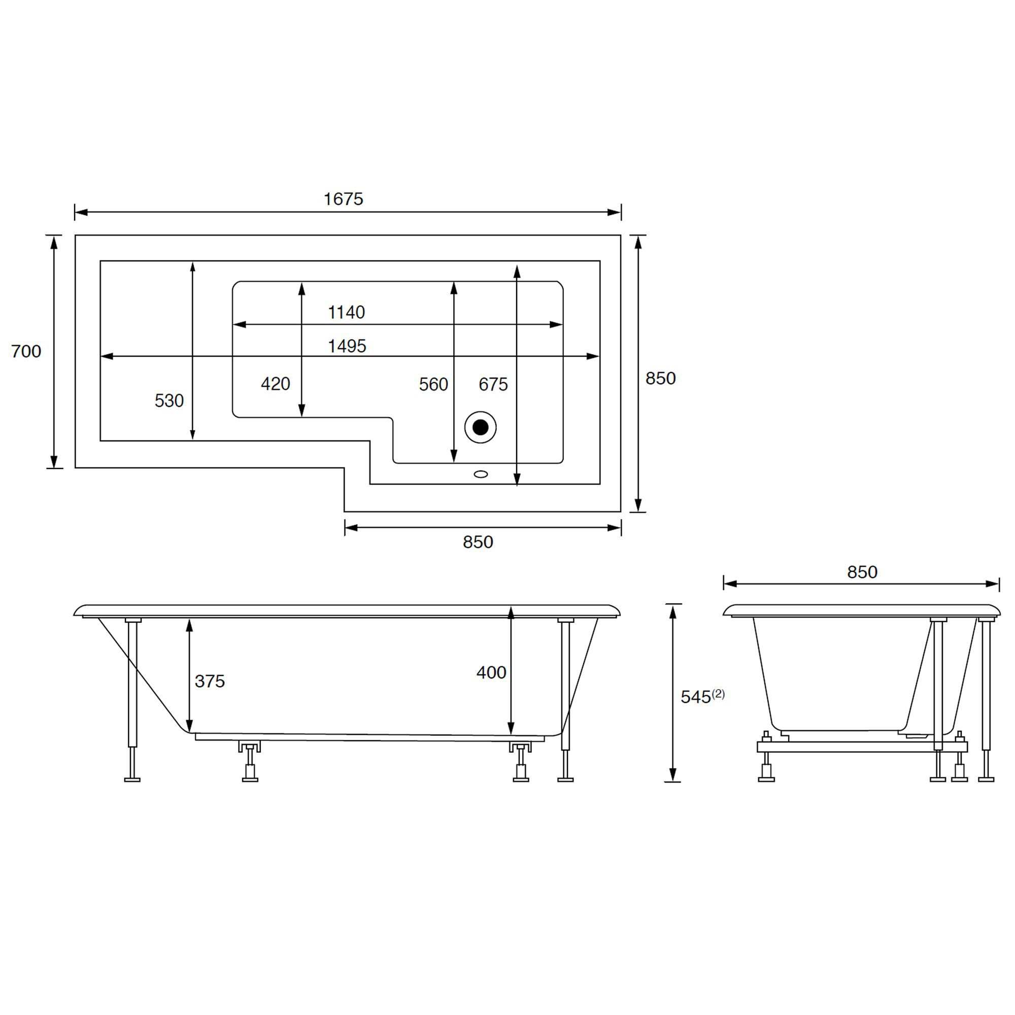 Cooke & Lewis Adelphi White L-shaped Shower Bath, panel & screen set (L ...