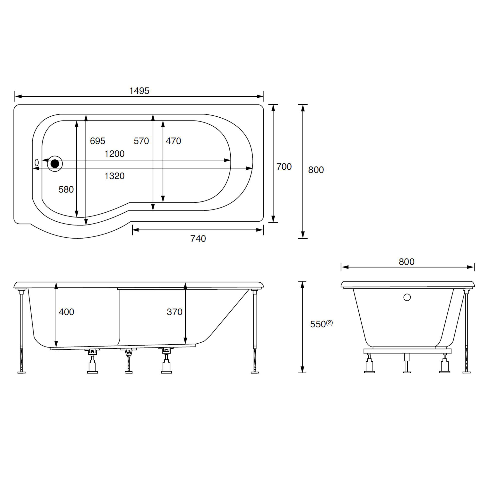 Cooke & Lewis Adelphi White P-shaped Shower LH Bath Curved (L)149.5cm (W)80cm