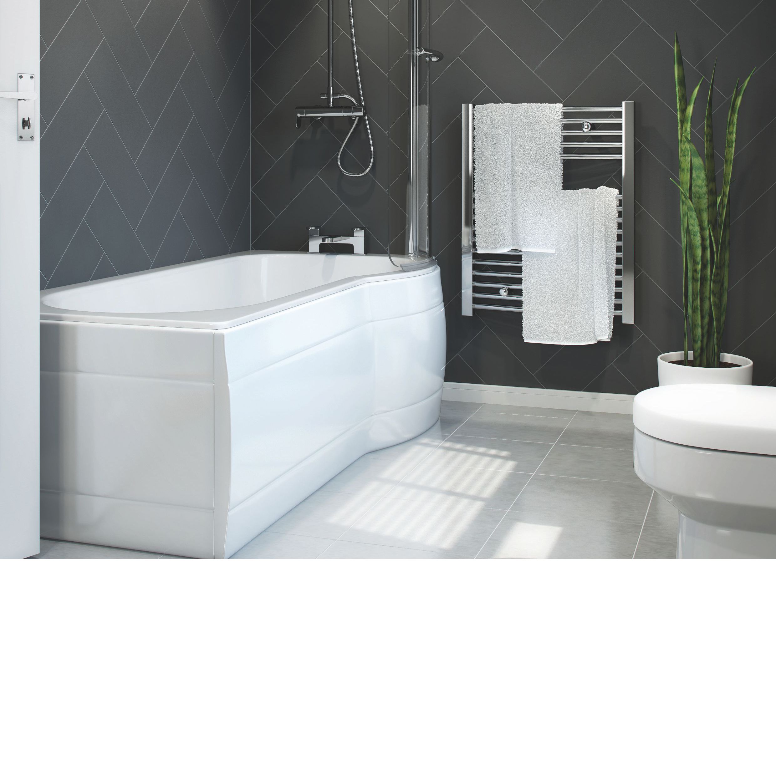Cooke & Lewis Adelphi White P-shaped Shower LH Bath Curved (L)149.5cm (W)80cm