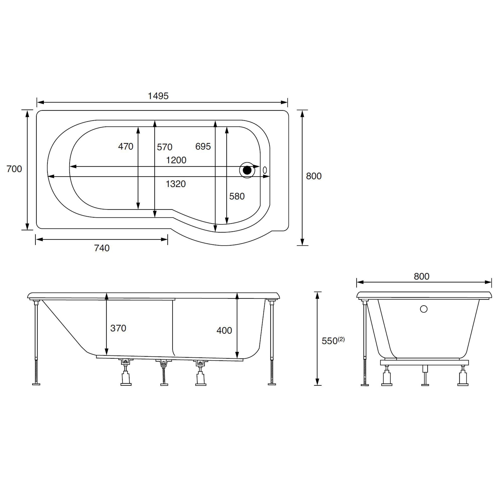 Cooke & Lewis Adelphi White P-shaped Shower RH Bath Curved (L)149.5cm (W)80cm