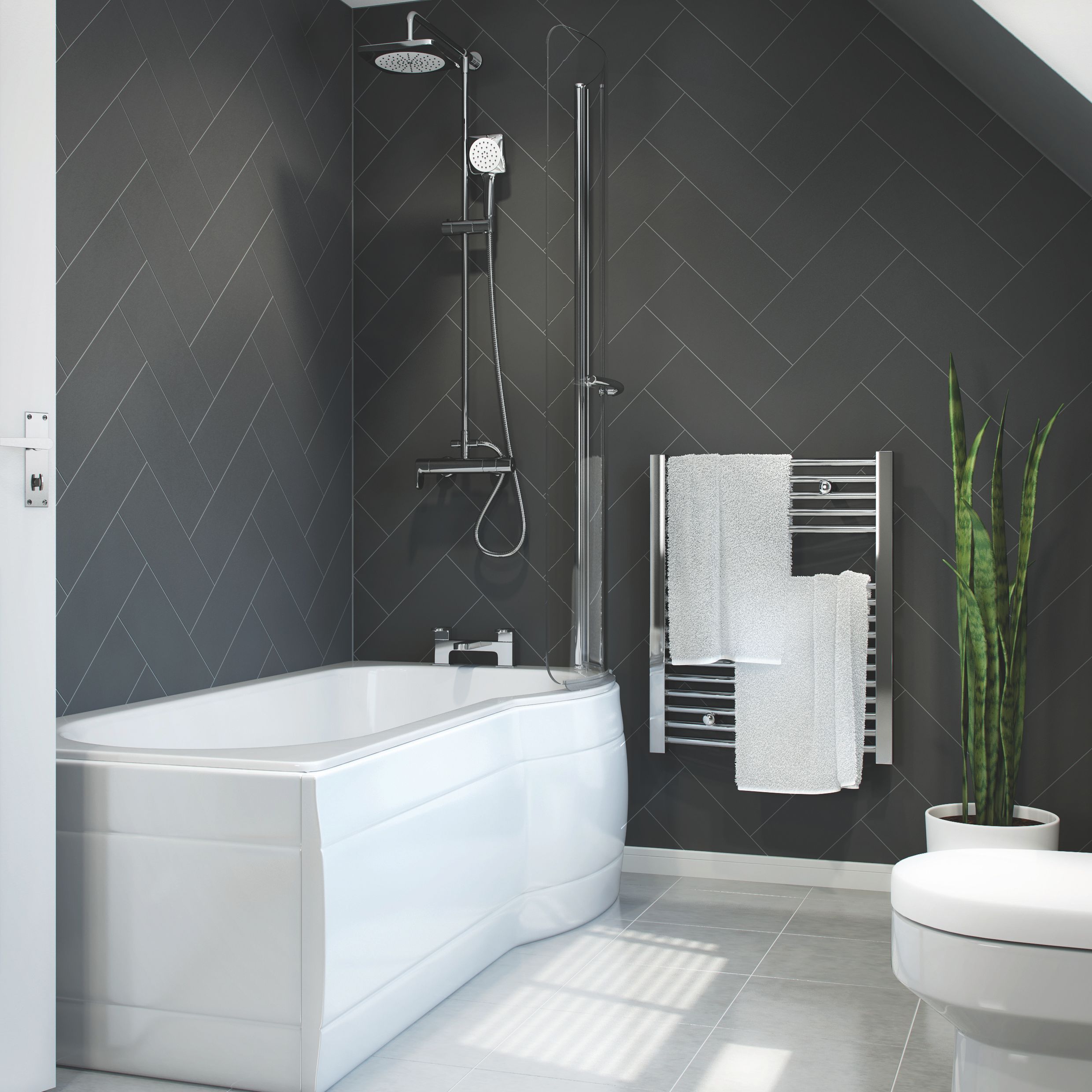 Cooke & Lewis Adelphi White P-shaped Shower RH Bath Curved (L)149.5cm (W)80cm