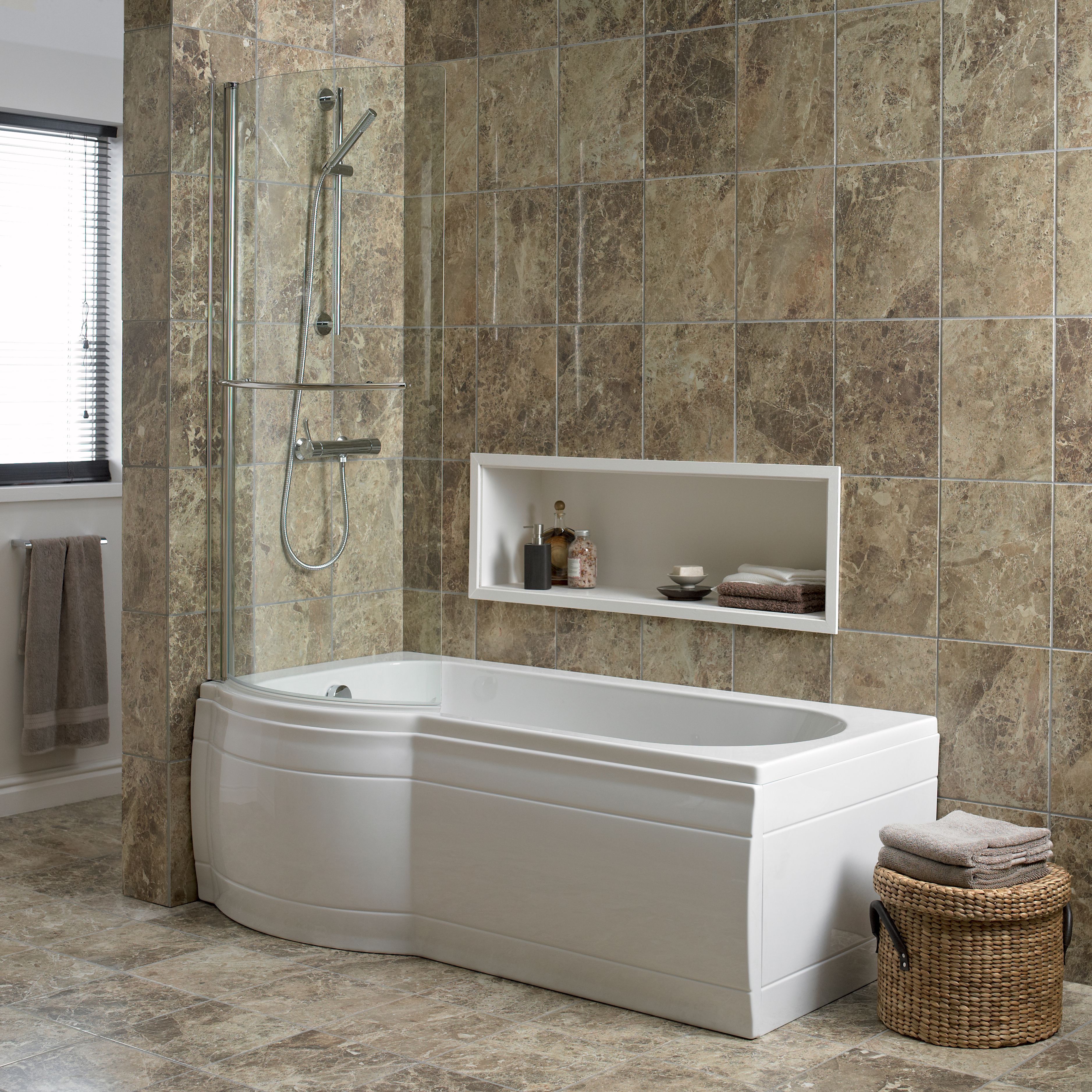 Cooke & Lewis Adelphi White Supercast acrylic P-shaped Shower Bath (L)1675mm (W)850mm