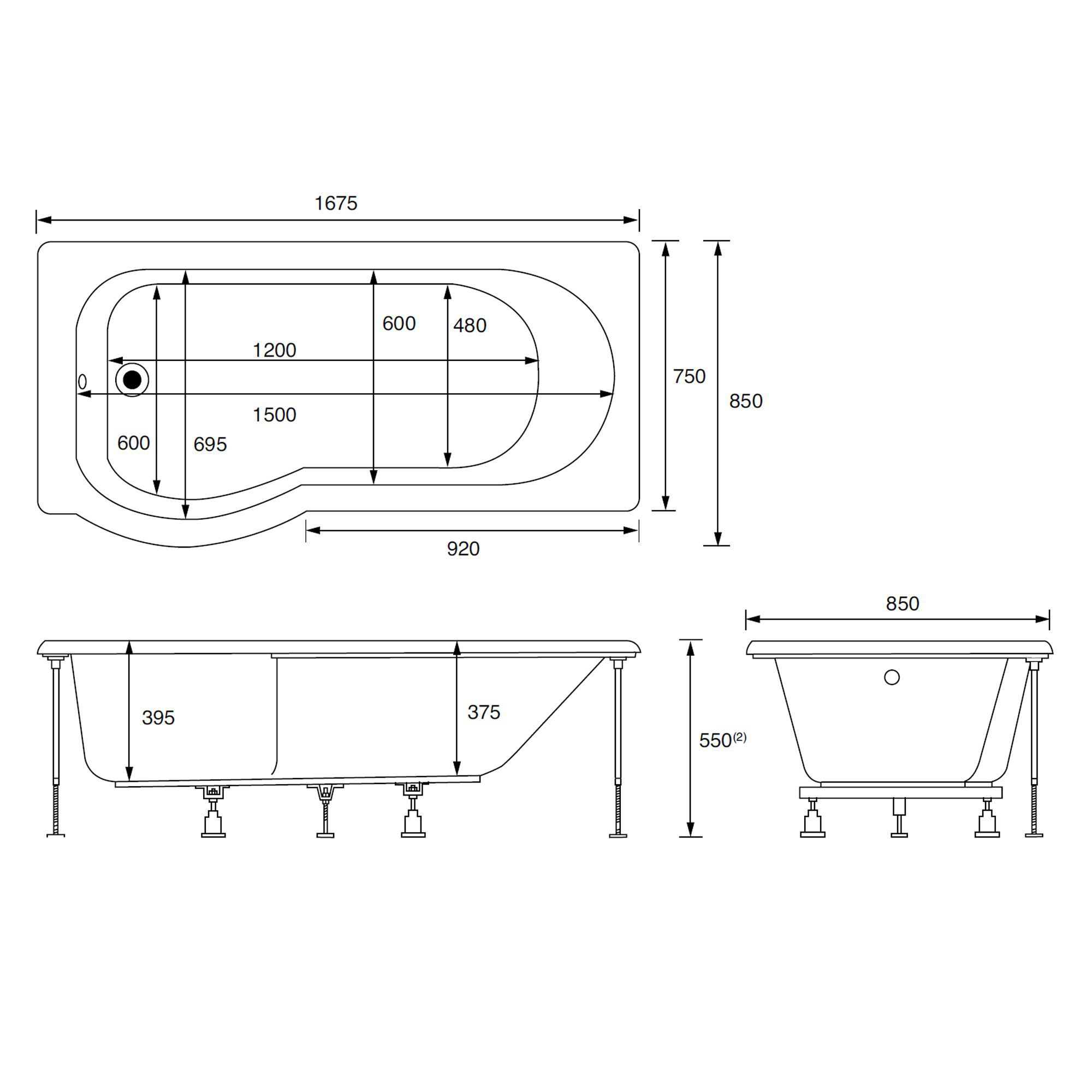 Cooke & Lewis Adelphi White Supercast acrylic P-shaped Shower Bath (L)1675mm (W)850mm