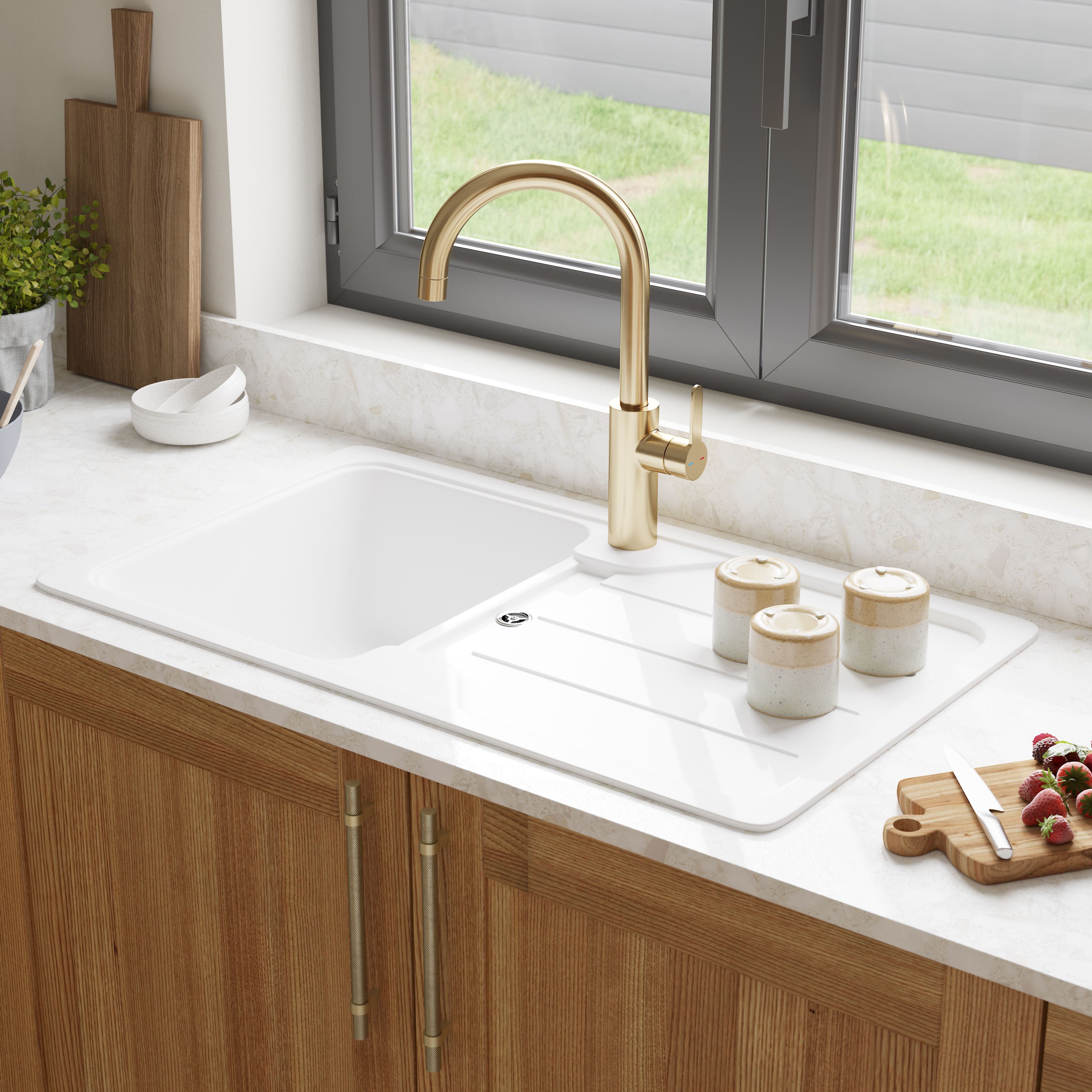 Cooke & Lewis Arber White Composite quartz 1 Bowl Sink & drainer 500mm ...