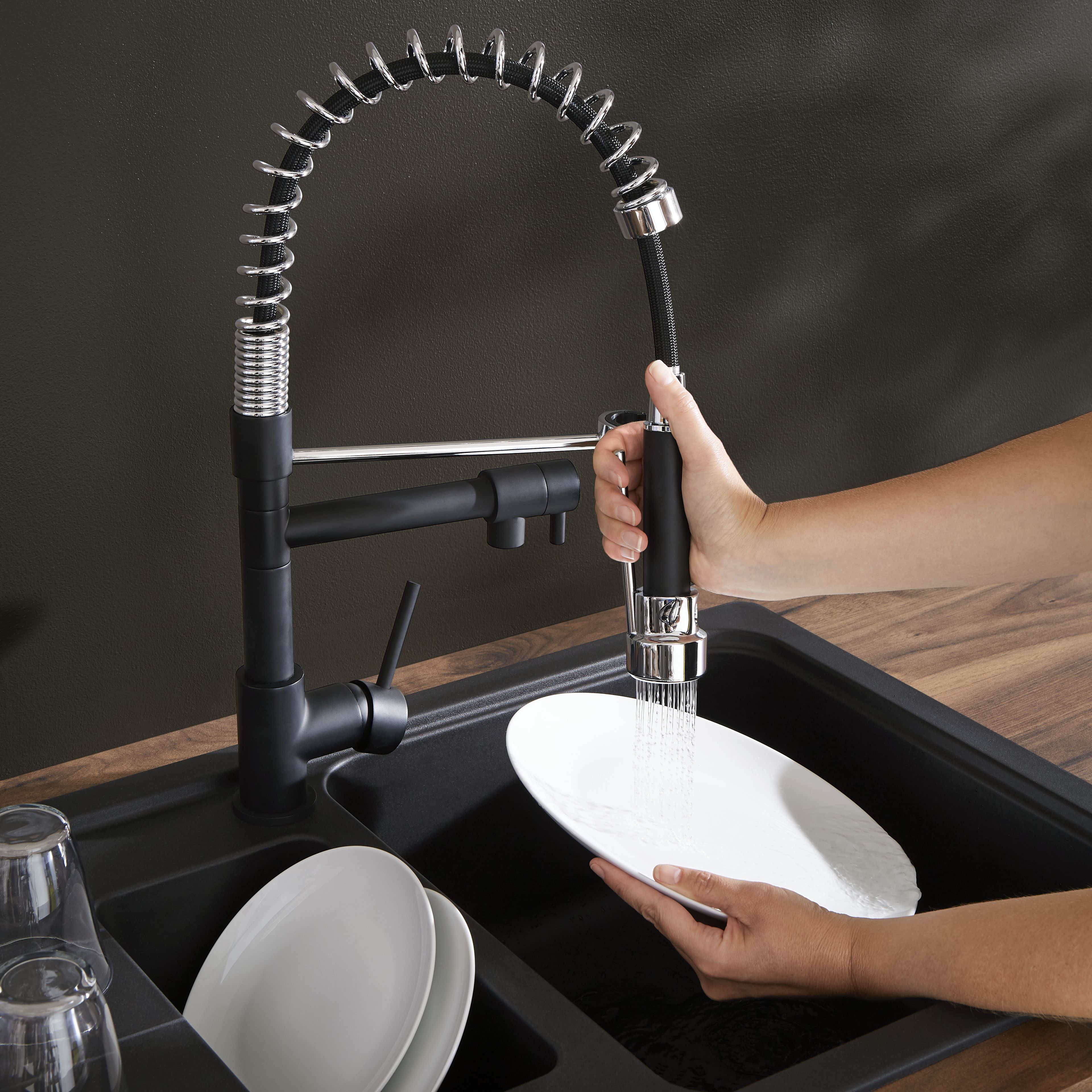 Cooke & Lewis Bilbrough Matt Black Kitchen Side lever spring neck Tap