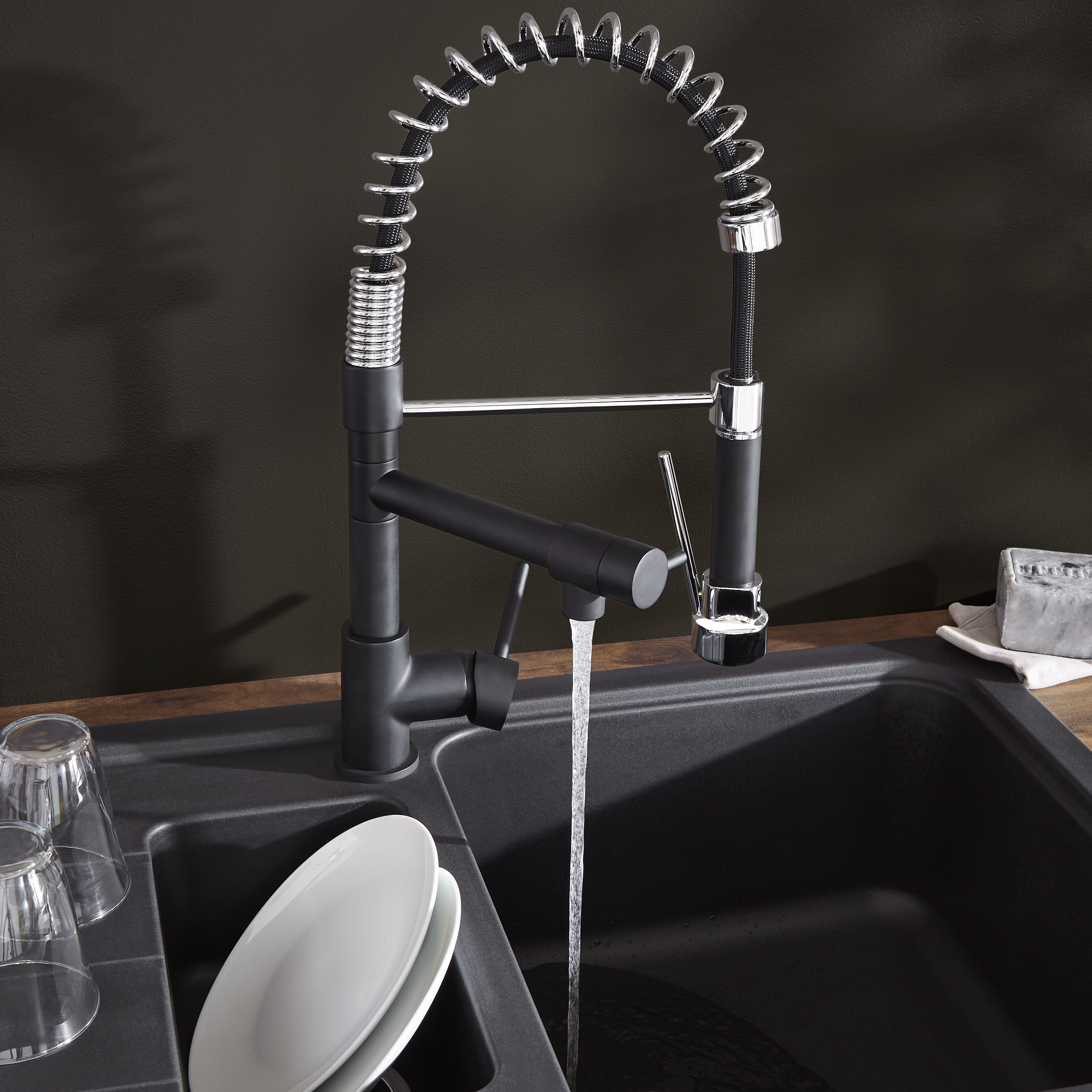 Cooke & Lewis Bilbrough Matt Black Kitchen Side lever spring neck Tap