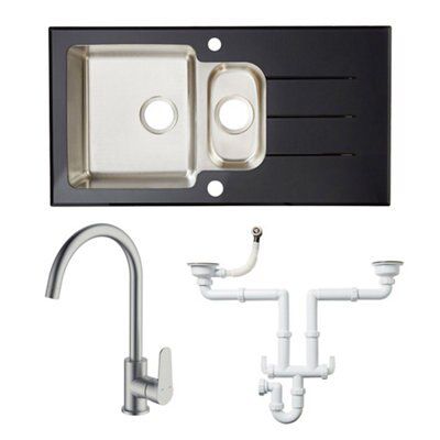 Cooke & Lewis Black Stainless steel & toughened glass 1.5 Bowl Sink, tap & waste kit