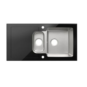 Cooke & Lewis Christianna Black Stainless steel & toughened glass 1.5 Bowl Sink & drainer (W)500mm x (L)950mm