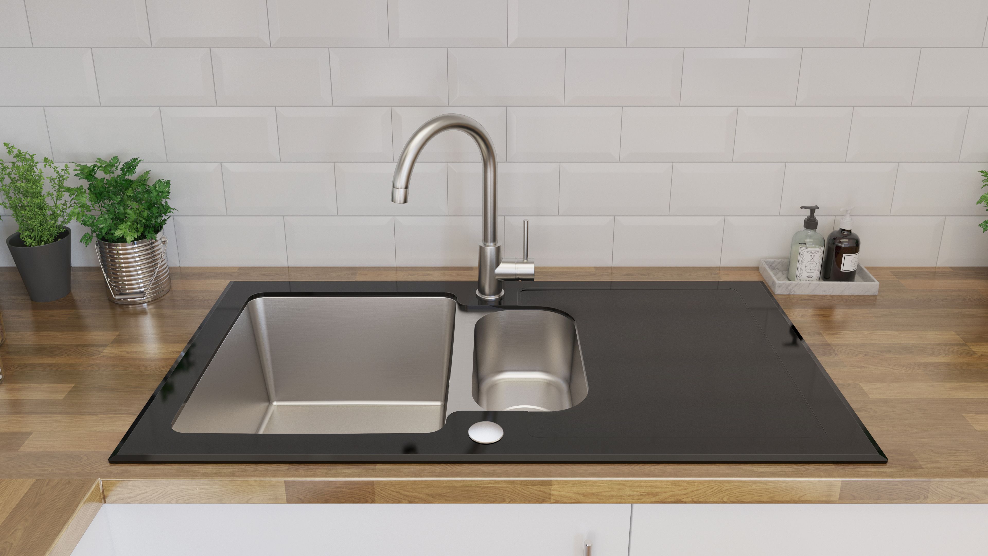 Cooke & Lewis Christianna Gloss black Stainless steel & toughened glass 1.5 Bowl Sink & drainer 500mm x 950mm